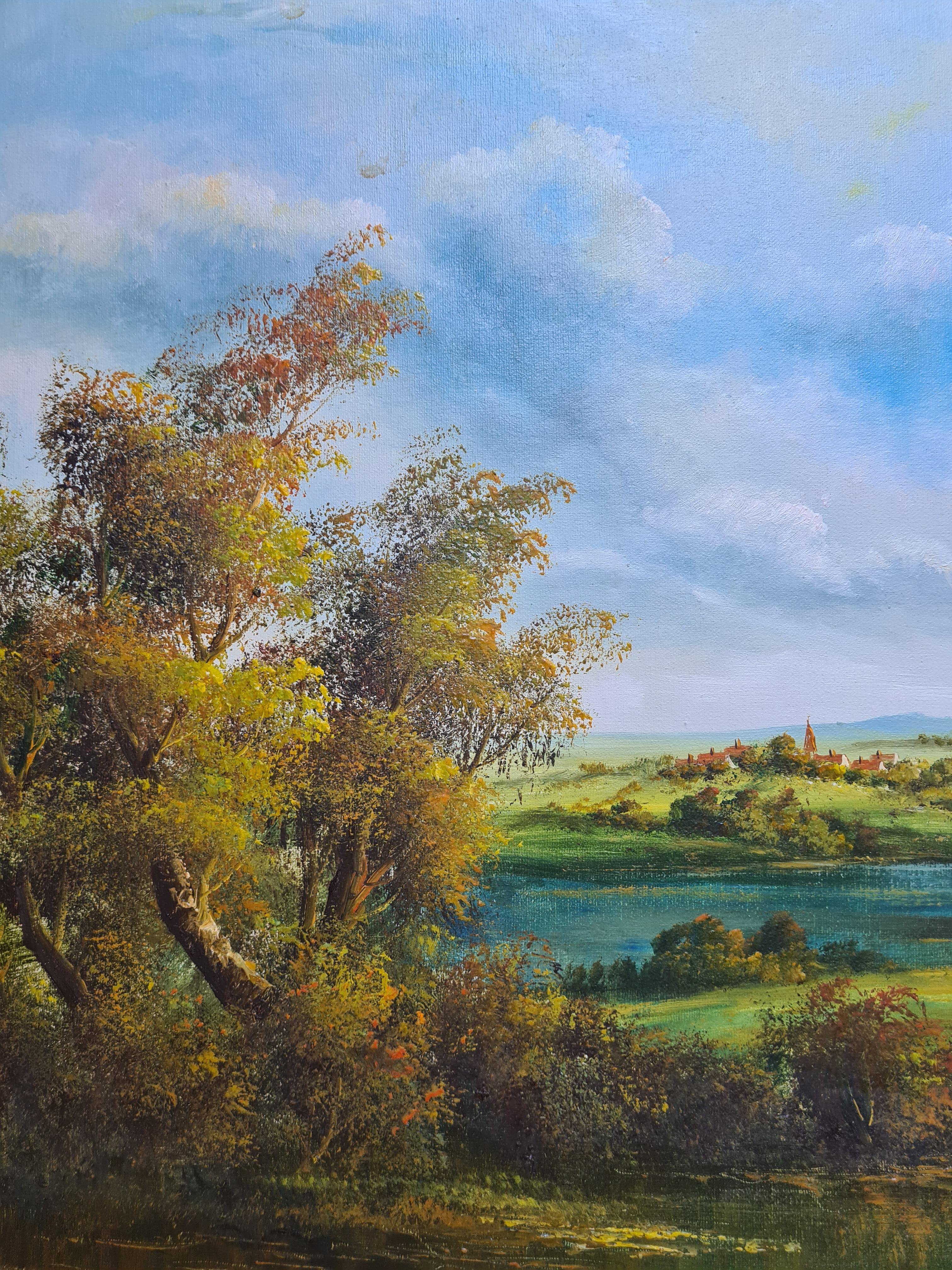 The Cottage, A Rural Idyll, Large Scale French Country Landscape. Oil on Canvas. - Brown Landscape Painting by Percy