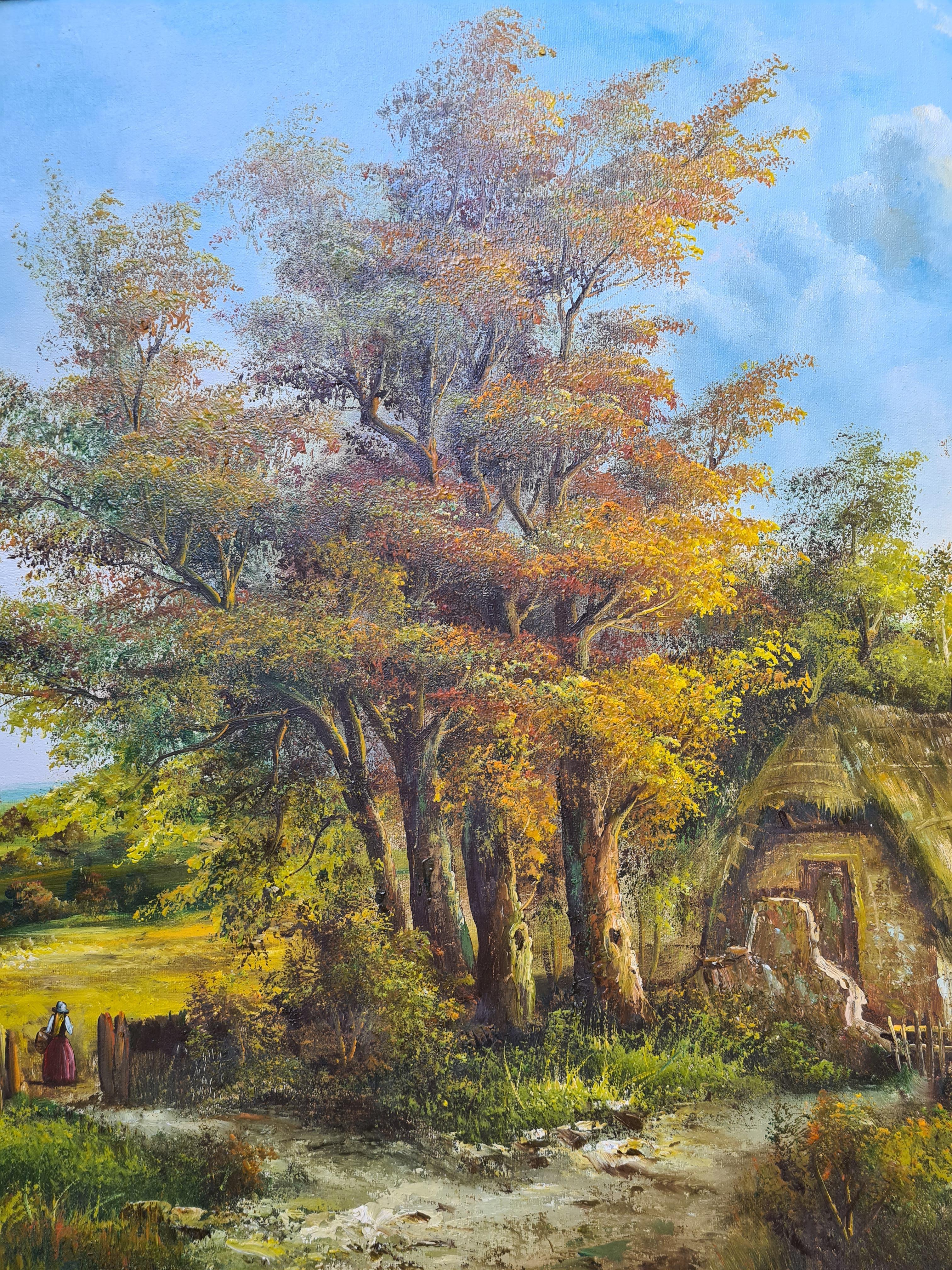 A large scale oil on canvas landscape painting of a thatched cottage with a far view to a church spire beyond a lake by Percy. The painting is signed bottom right and is presented in a plain wood frame.

Percy has created a charming and idealistic