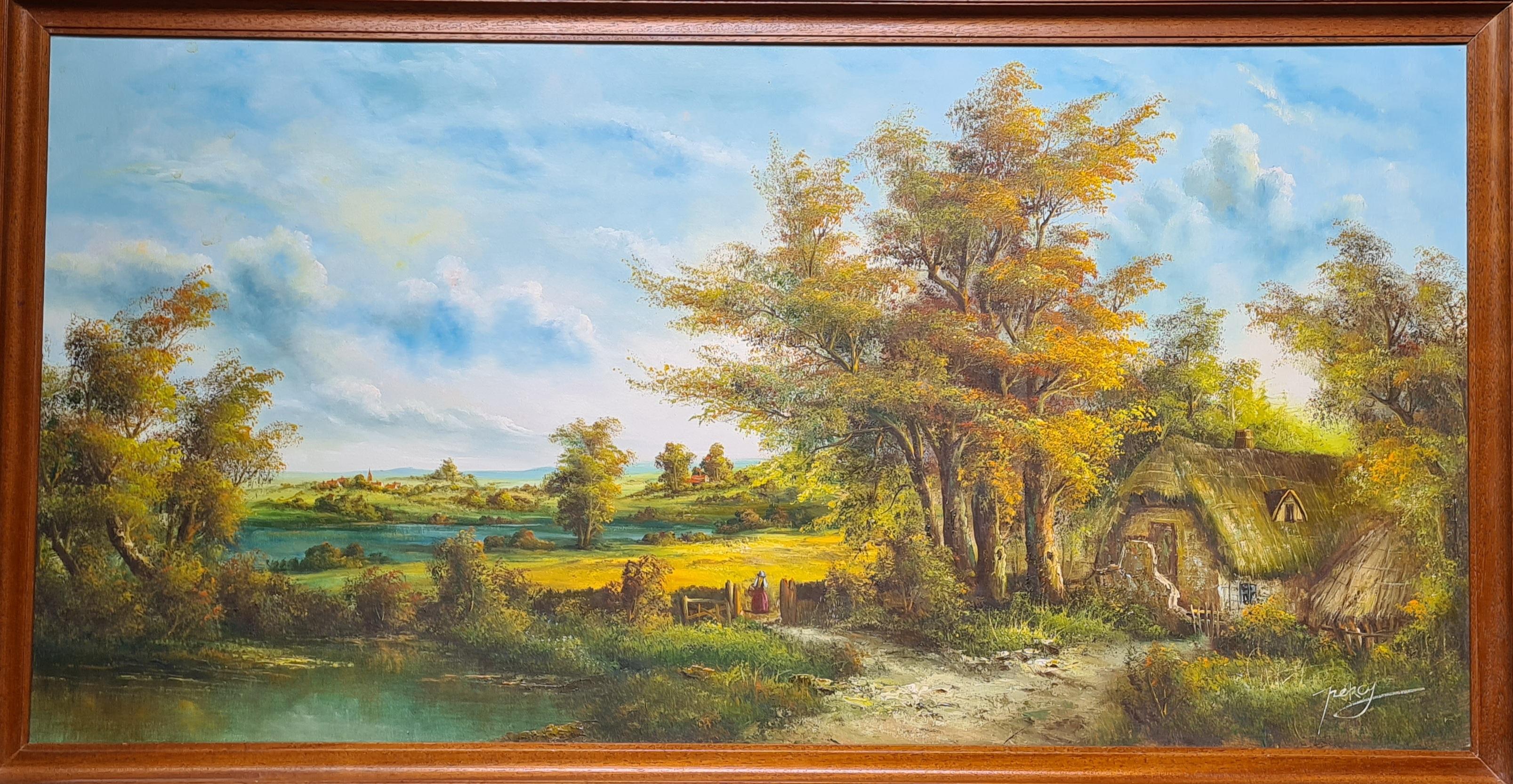 Percy Landscape Painting - The Cottage, A Rural Idyll, Large Scale French Country Landscape. Oil on Canvas.