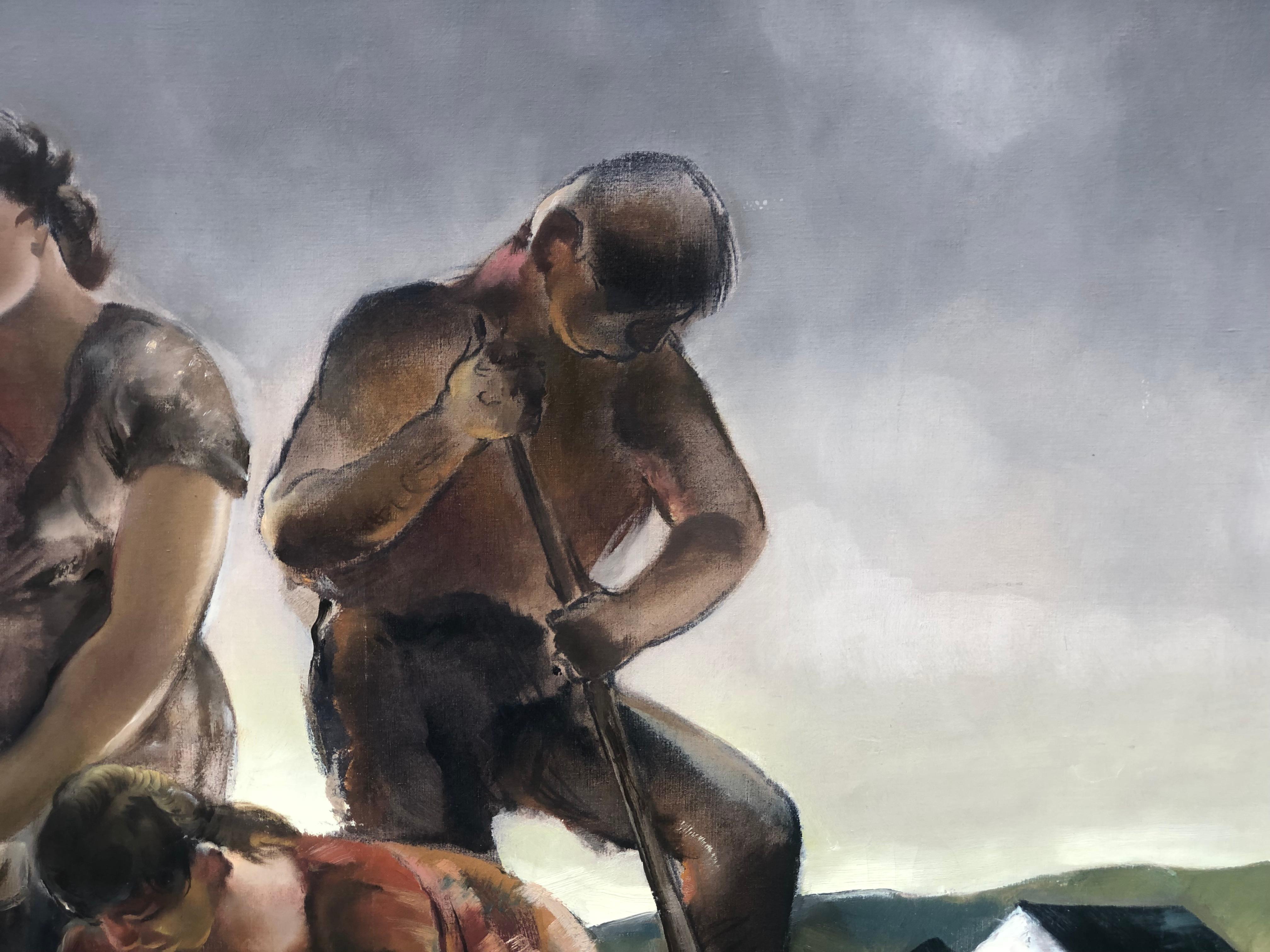 Peinture monumentale et importante du WPA par Percy Albee. La peinture est une toile à l'huile mesurant 36