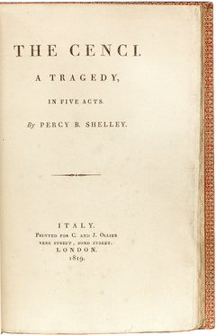 Percy Bysshe Shelley. I Cenci. Una tragedia in cinque atti. 1819 - PRIMA EDIZIONE