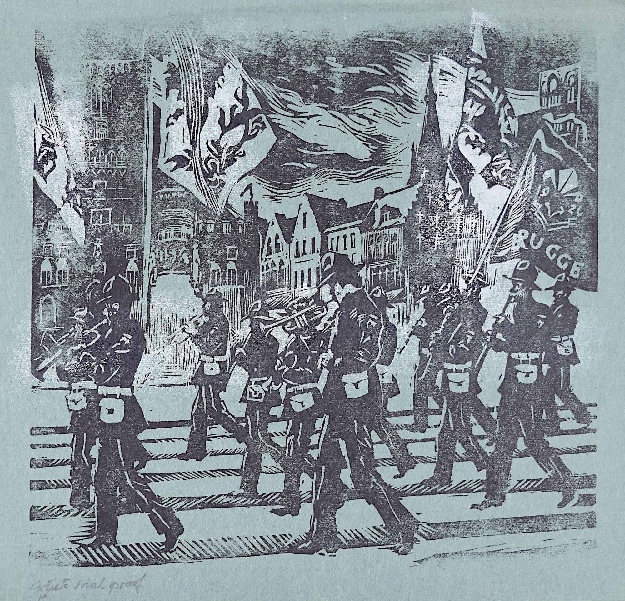 Percy Drake Brookshaw Linocut of Marching Band Brugge (on blue) Brugges Belgium