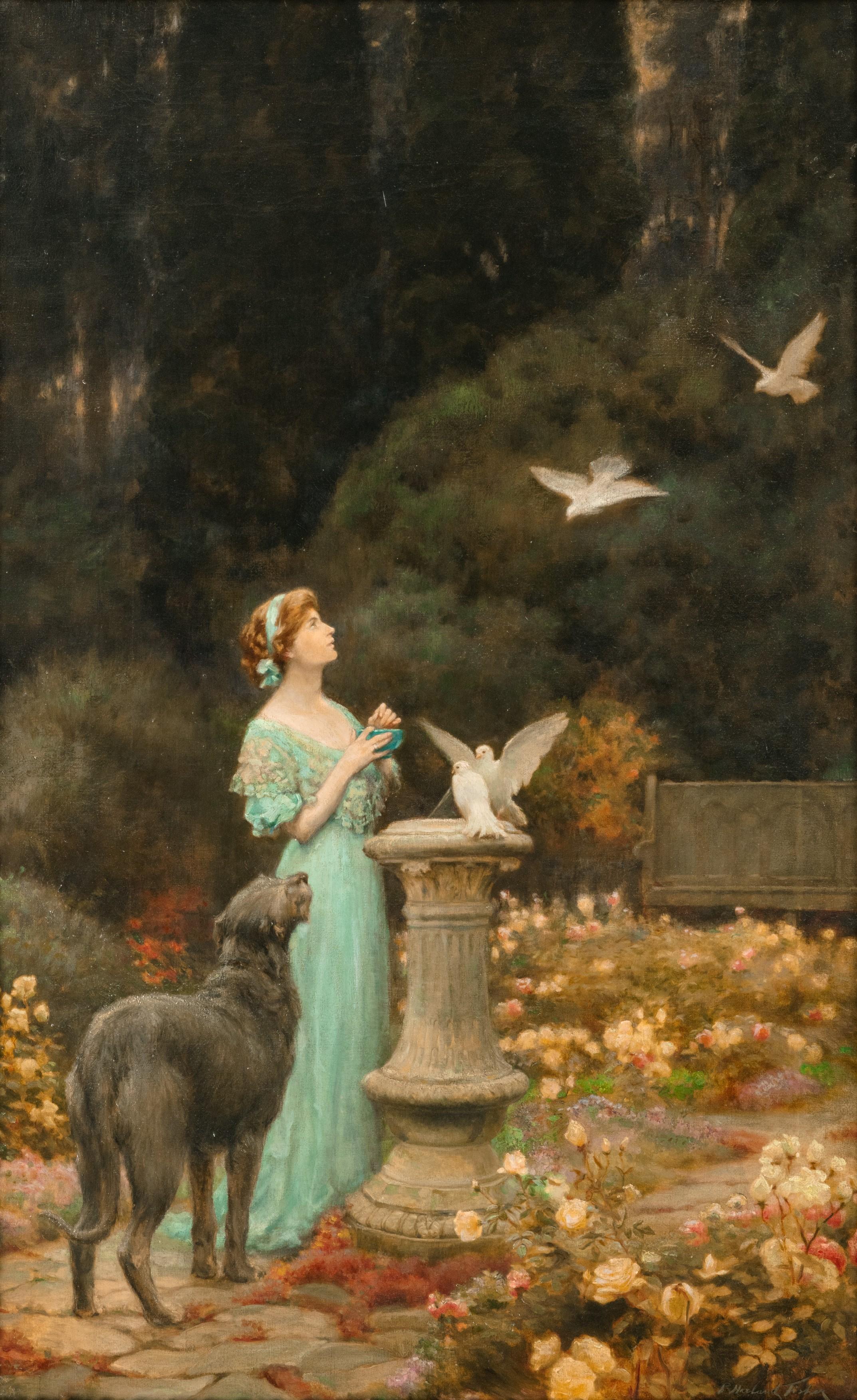A girl by a sundial - Painting by Percy Harland Fisher 