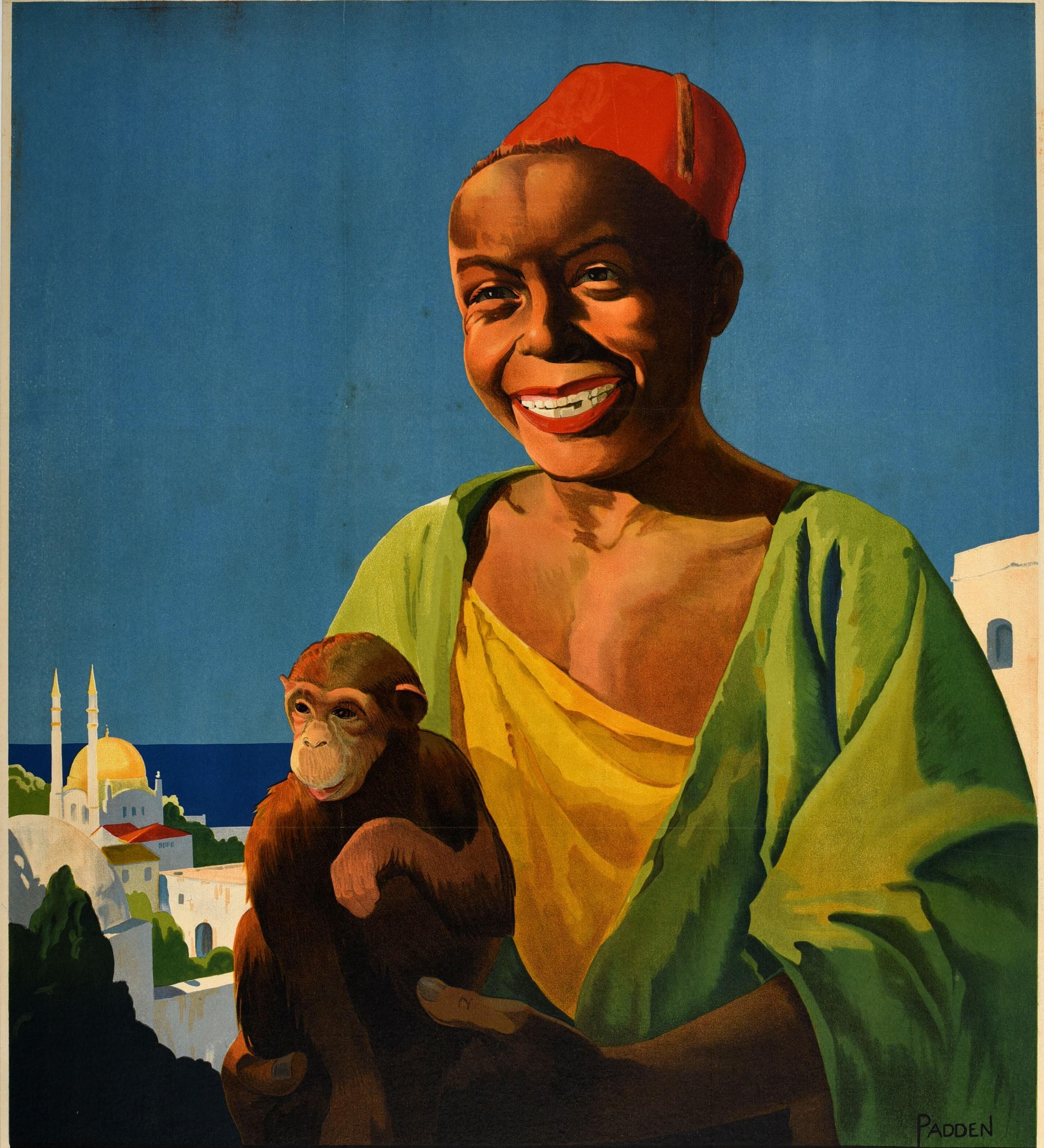 Poster di viaggio originale d'epoca per le crociere Atlantis della Royal Mail Line con un'opera d'arte del cartellonista britannico Percy Padden (1885-1965) che raffigura un ragazzo sorridente con una scimmia in primo piano e una vista sugli alberi