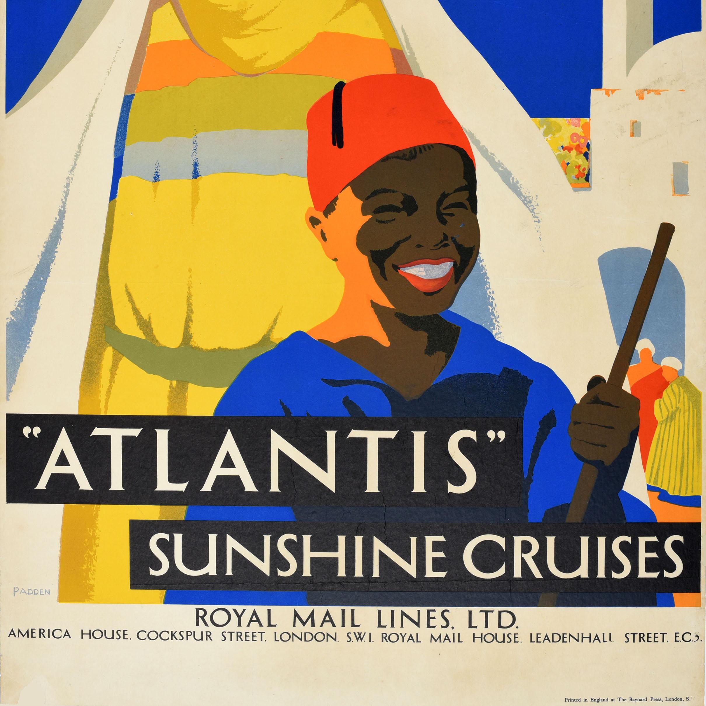 Affiche originale de croisière vintage - Royal Mail Atlantis Sunshine Cruises Royal Mail Lines Ltd America House, Cockspur Street, London SW1 Royal Mail House, Leadenhall Street EC3. Image colorée représentant une dame portant un châle blanc et des