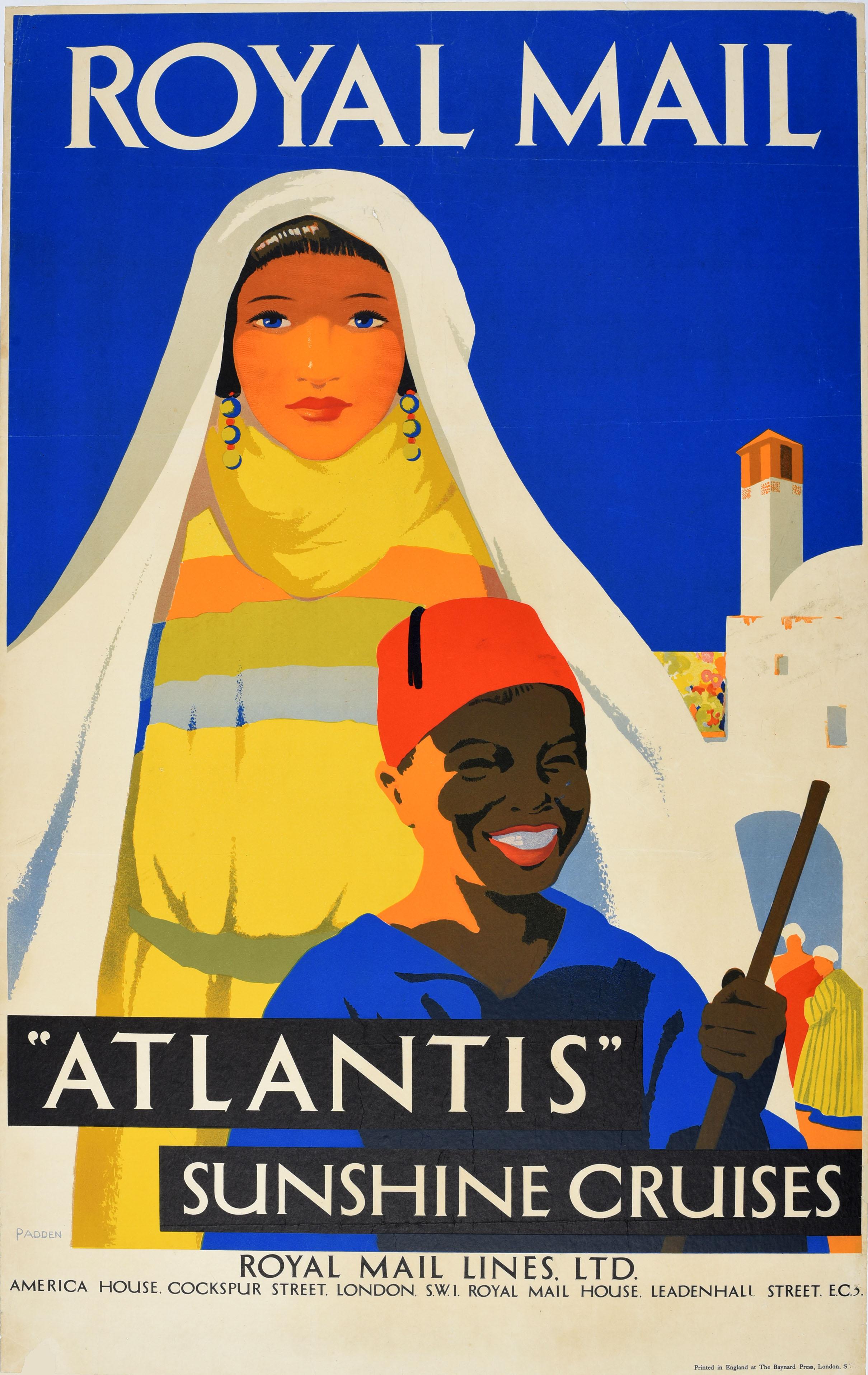 Print Percy Padden - Affiche de voyage vintage originale Sunshine Cruises Atlantis Royal Mail, bateau à vapeur