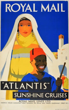 Original Antique Travel Poster Sunshine Cruises Atlantis Royal Mail Steam Ship