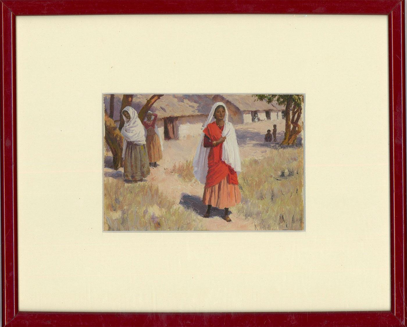 A charming scene depicting a young women walking a path in the afternoon sun. Figures behind her stand beneath a tree shading themselves from the heat. Part of a pair of Eastern scenes. Unsigned. Presented in a lacquer frame. On board.

