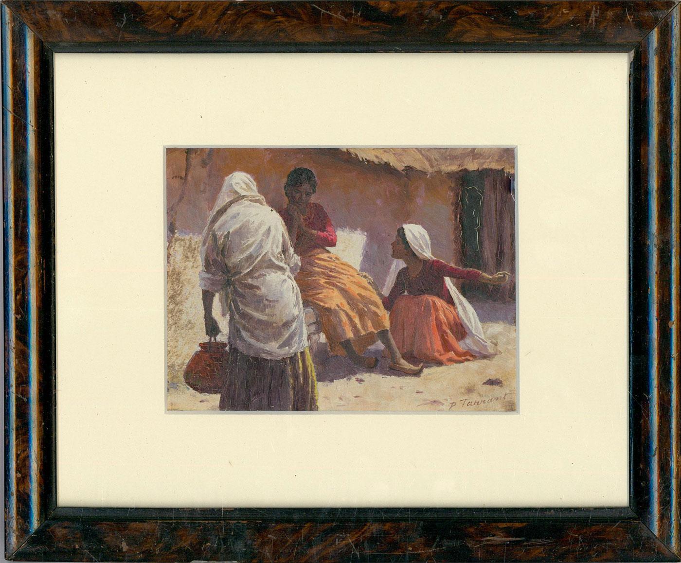 A charming oil study of a group of women outside of a hut. One woman appears to be comforting her friend who sites on a bench. Part of a pair of Eastern scenes. Signed to the lower right. Presented in a varnished wooden frame. On board.
