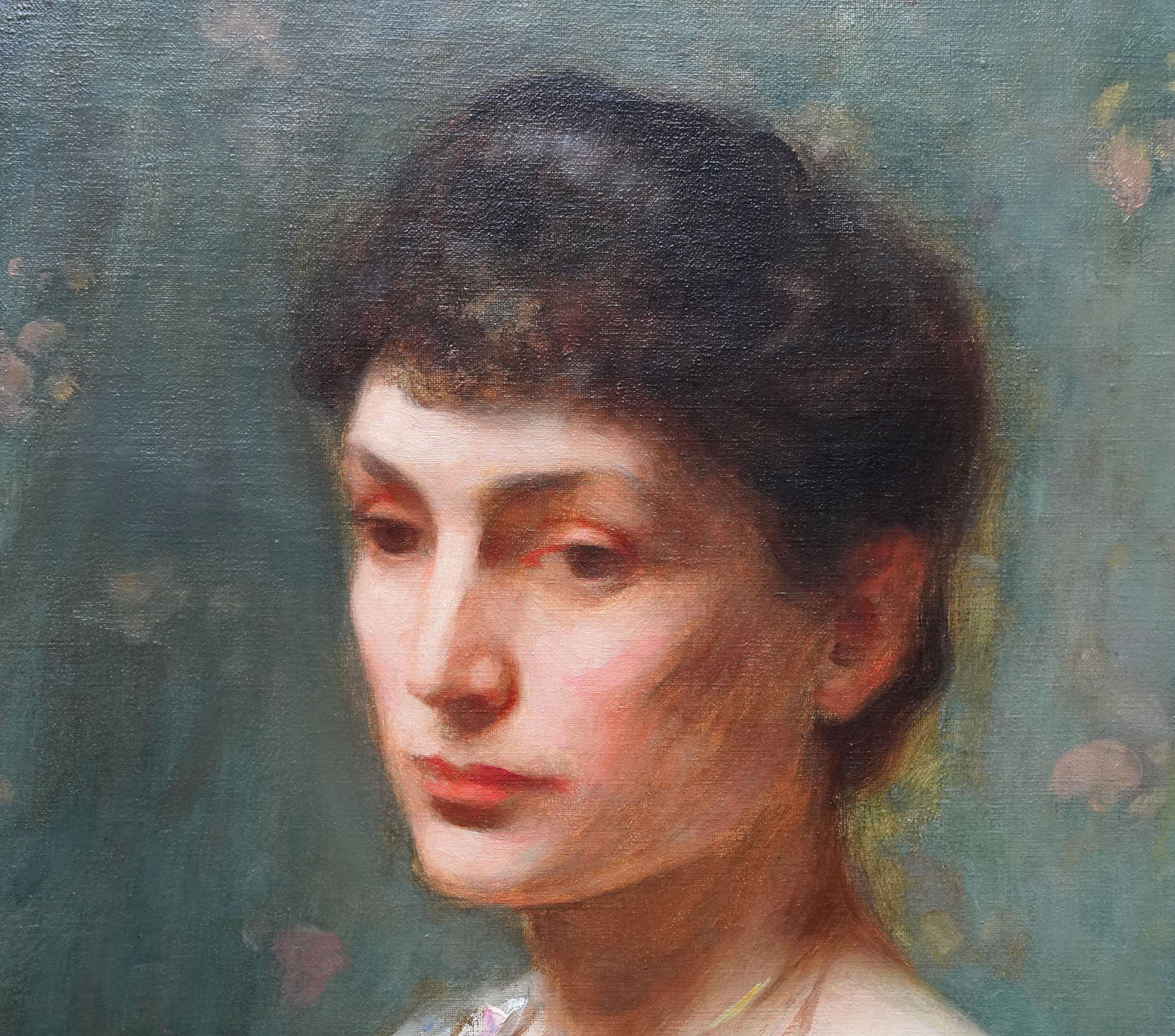 Ritratto di signora - Quadro ad olio di ritratto femminile di arte edoardiana britannica - Portrait Painting Nero di Percy William Gibbs