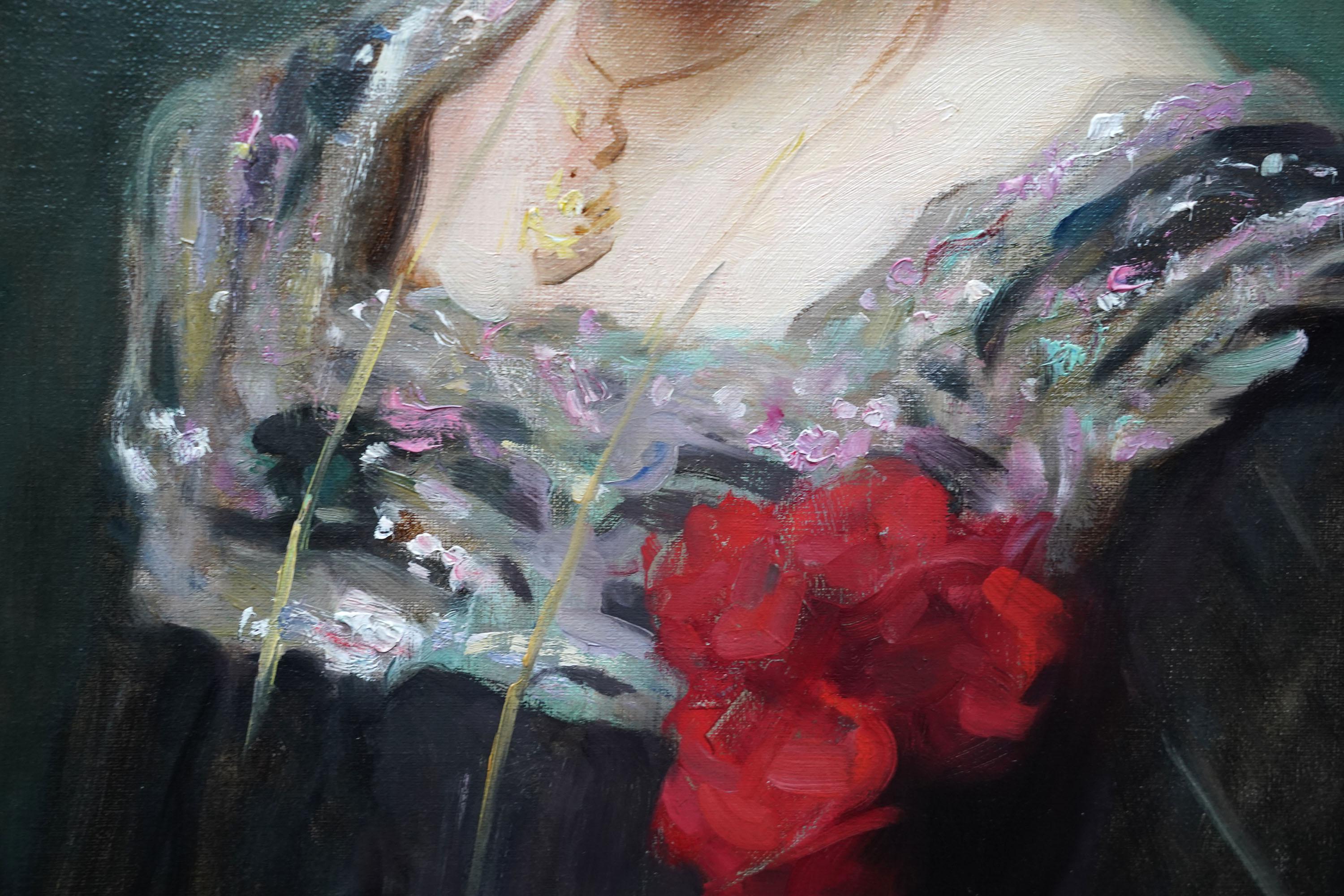 Questo delizioso ritratto ad olio di un impressionista britannico è opera del noto artista Percy William Gibbs. Dipinto nel 1910 circa, è un ritratto di testa e di spalle in semi-profilo di una signora dai capelli scuri che indossa un abito nero con