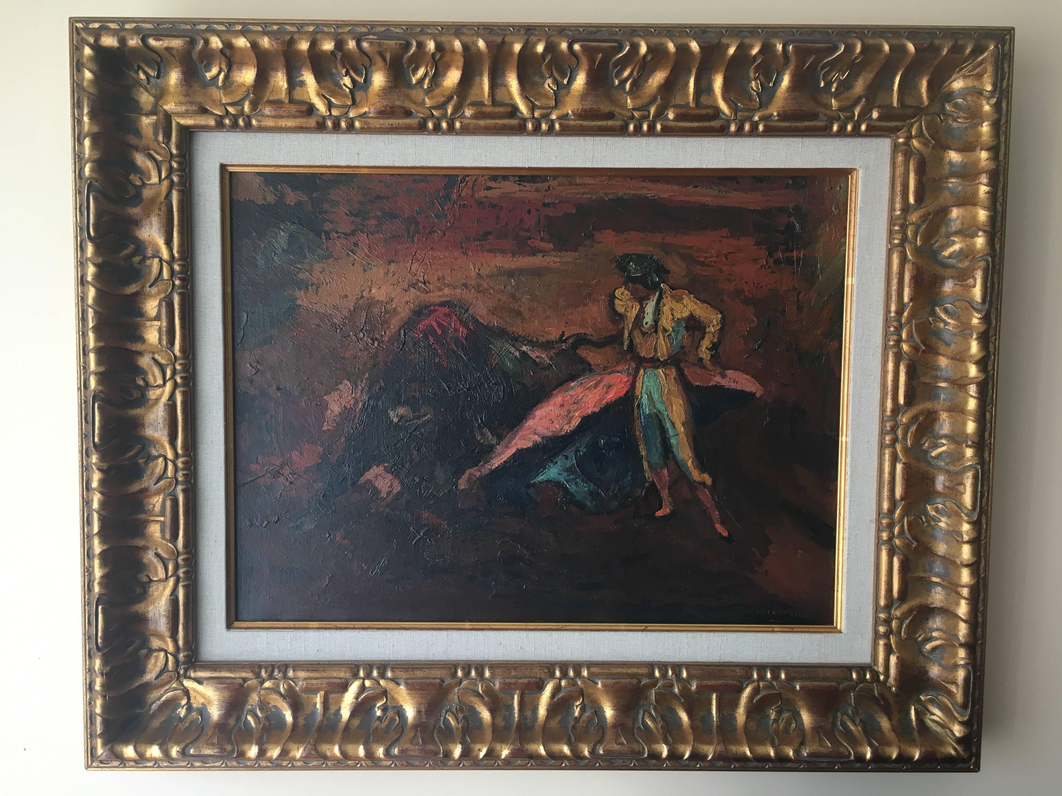 Creixams 122 Bullfighter and Bull original impressionist acrylic canvas painting (Schwarz), Figurative Painting, von Pere Créixams Picó