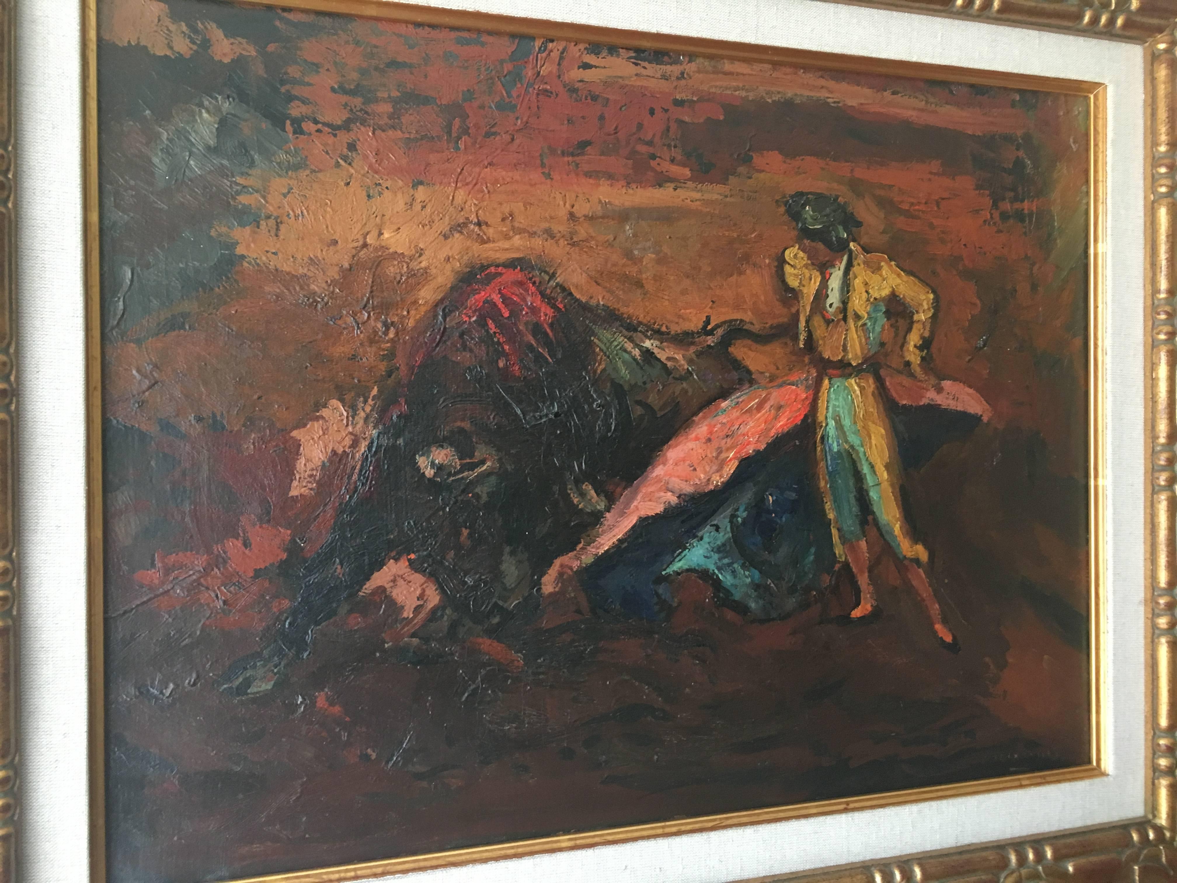 Pere Créixams Picó Figurative Painting - Creixams  14 Bullfighter and Bull original impressionist acrylic canvas painting