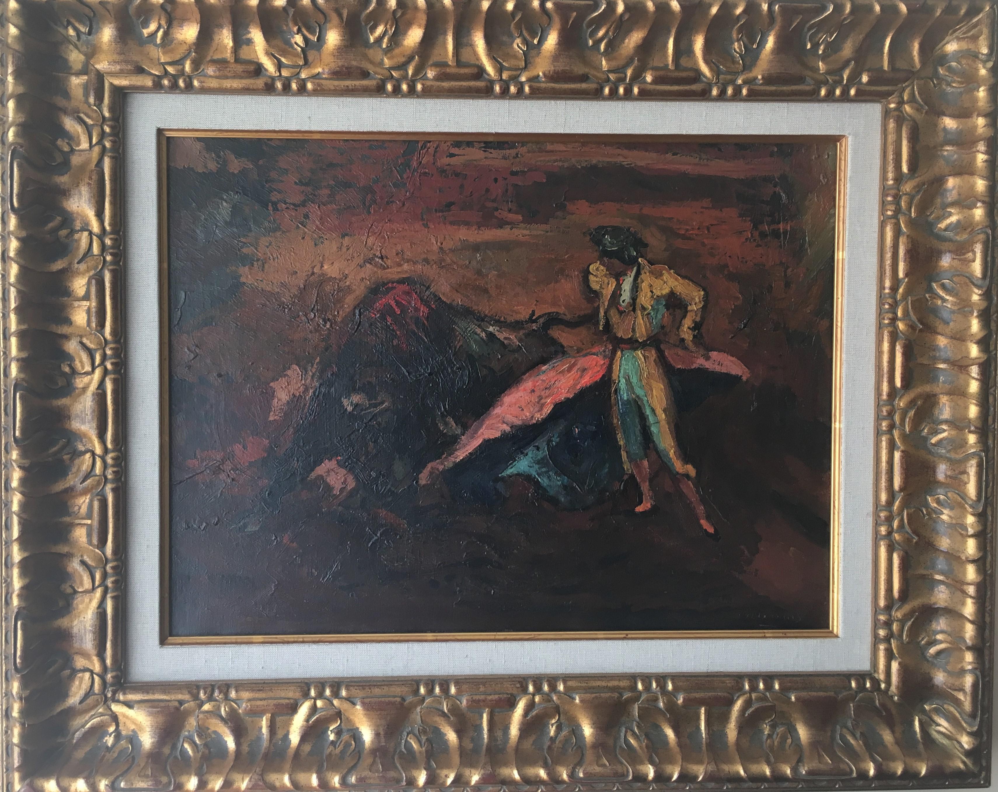 Pere Créixams Picó Figurative Painting - Creixams  14 Bullfighter and Bull original impressionist acrylic canvas painting