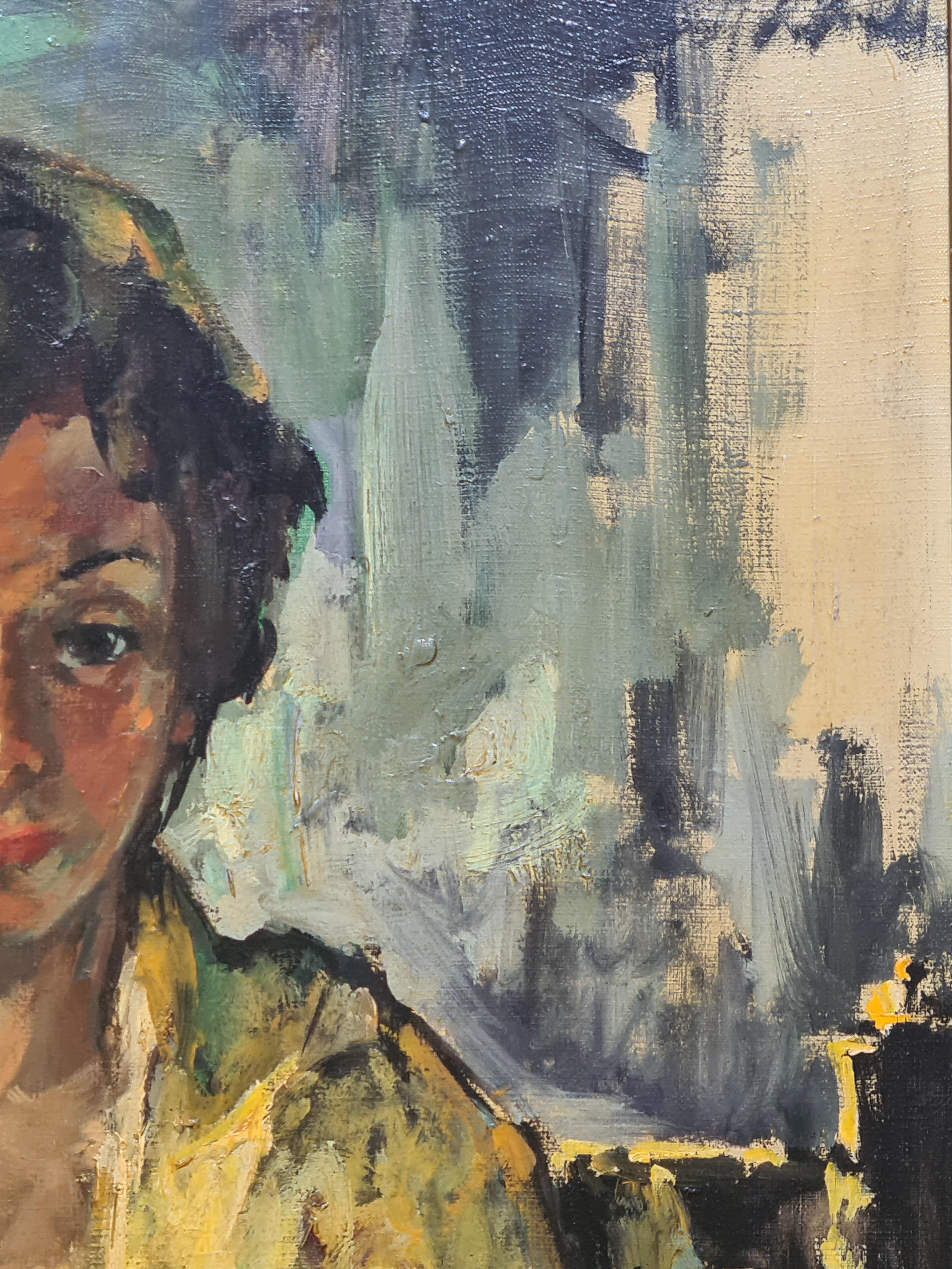Ecole de Paris, Postimpressionistisches Porträt einer modischen jungen Frau (Braun), Figurative Painting, von Pere Modesto Luis Creixams