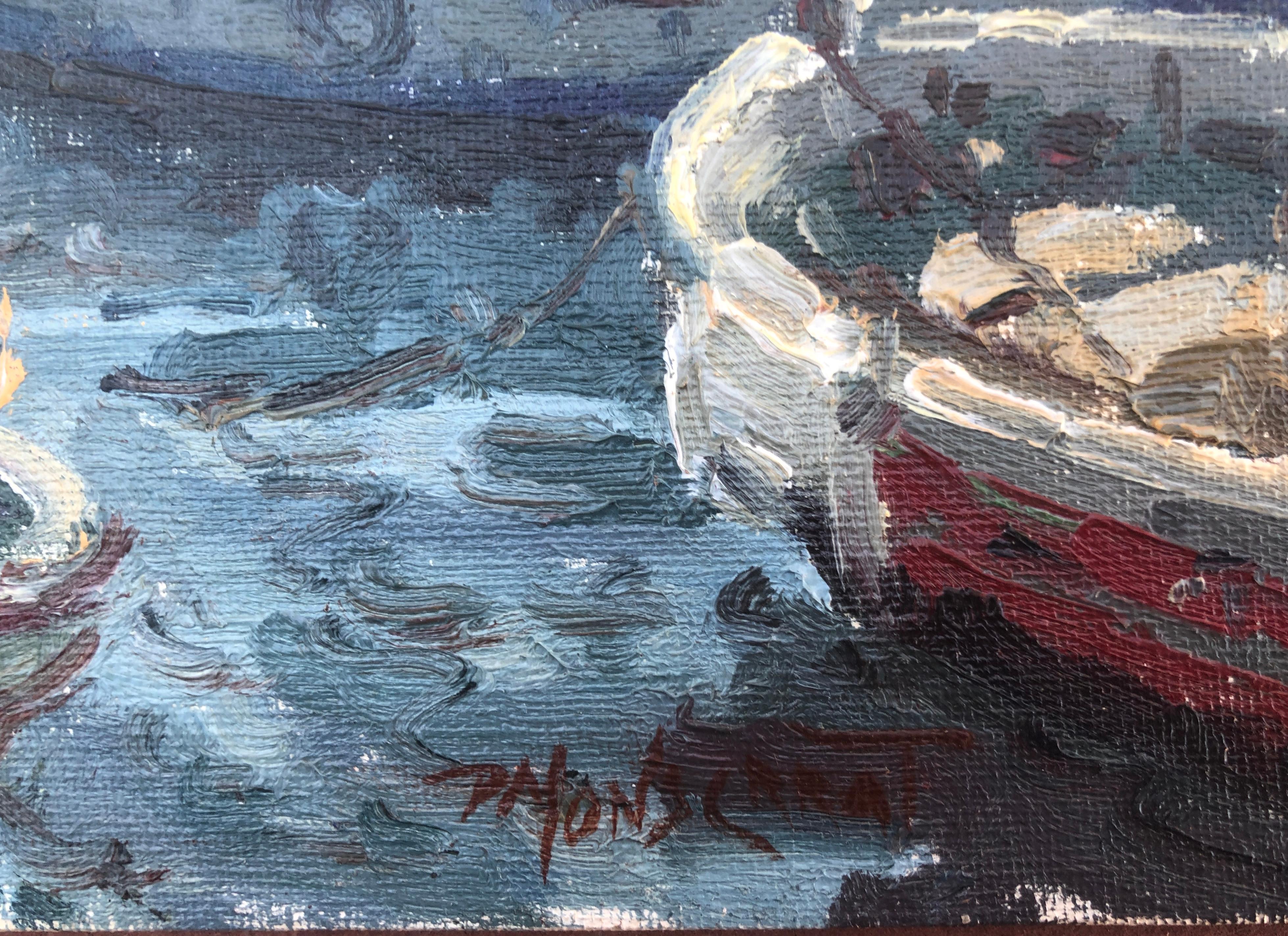 Peinture à l'huile - Paysage marin méditerranéen - Port of Arenys de Mar - Espagne - Painting de Pere Montserrat