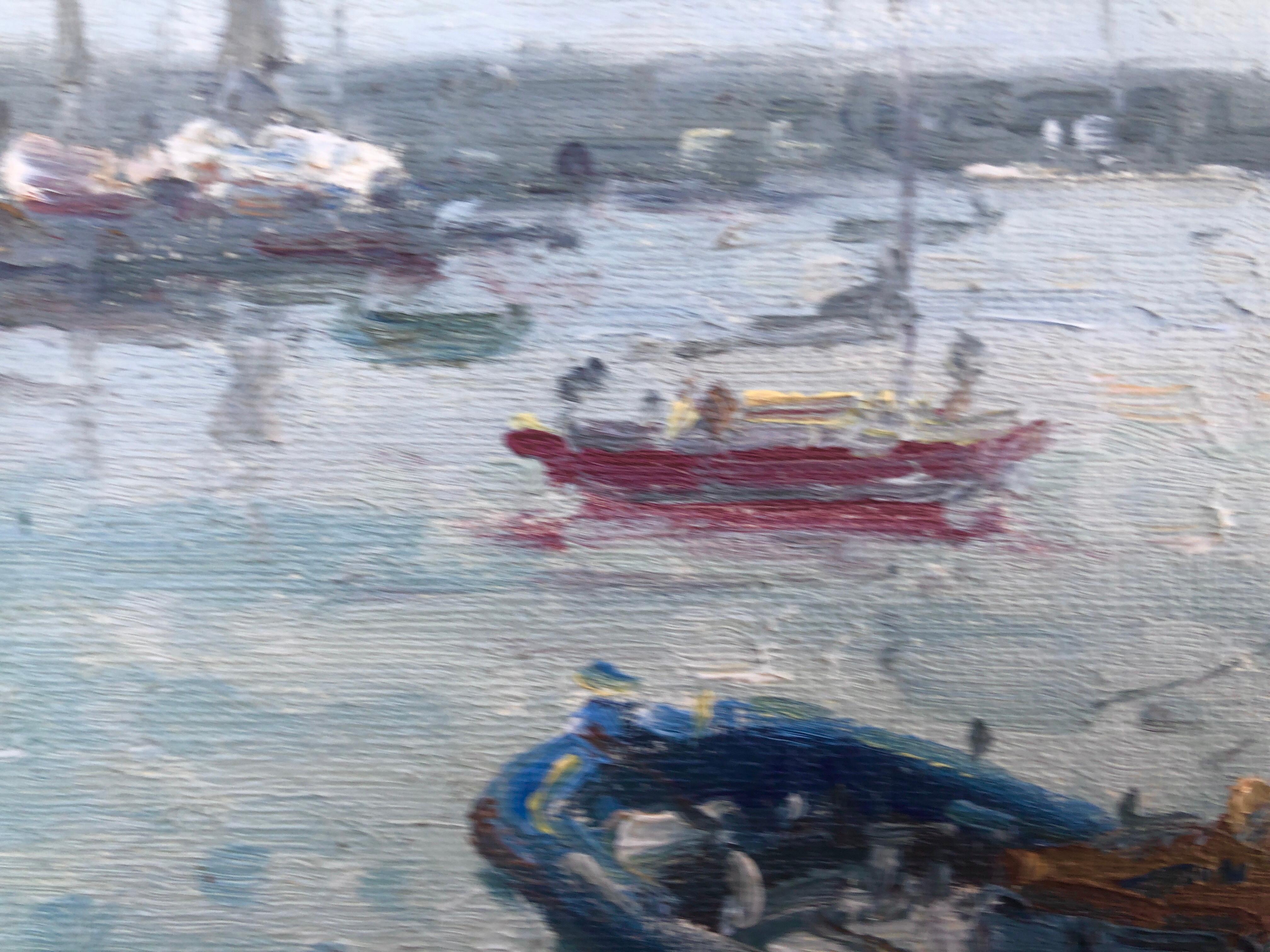 Peinture à l'huile - Paysage marin méditerranéen - Port of Arenys de Mar - Espagne - Impressionnisme Painting par Pere Montserrat