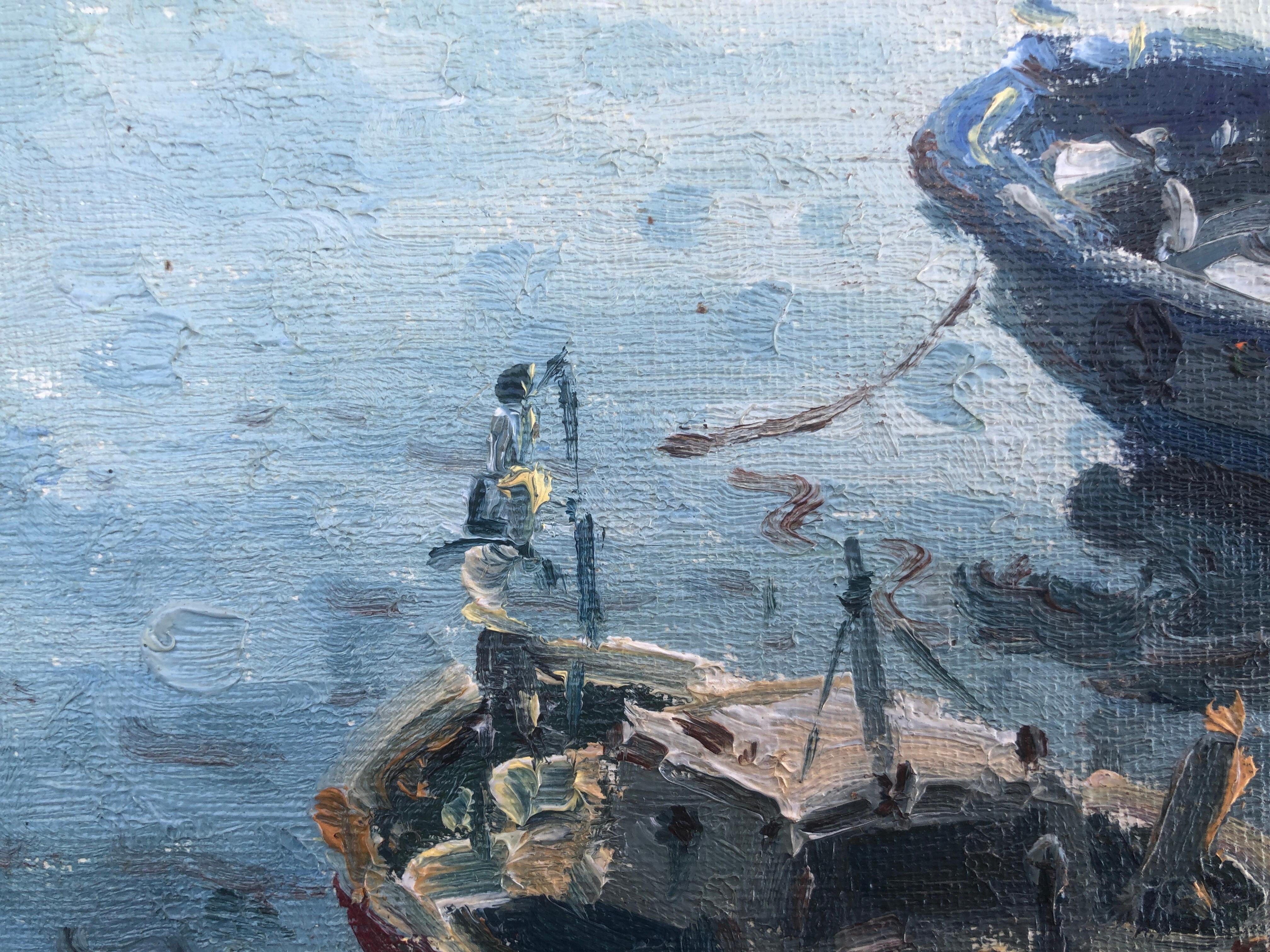 Peinture à l'huile - Paysage marin méditerranéen - Port of Arenys de Mar - Espagne en vente 1