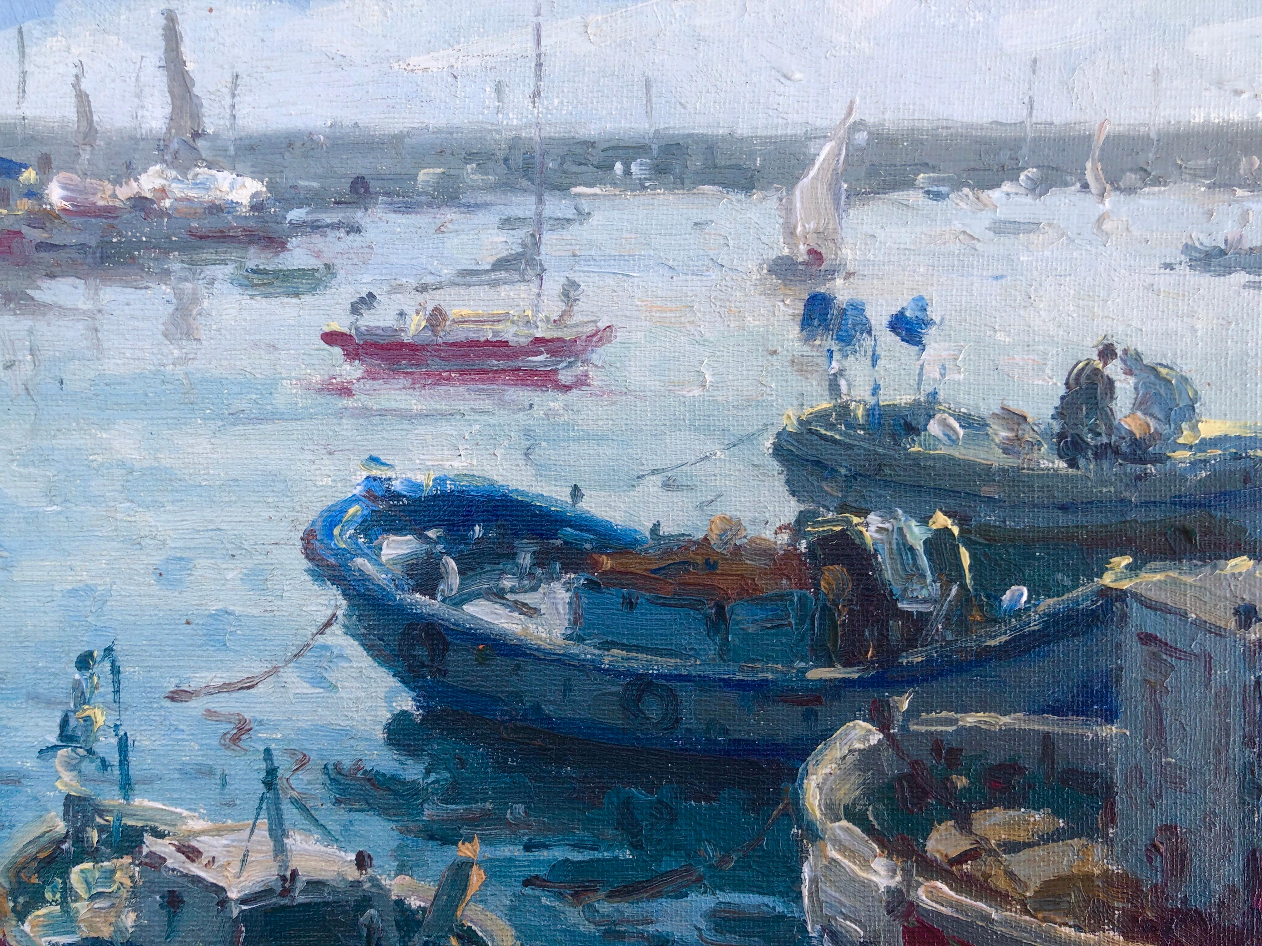 Peinture à l'huile - Paysage marin méditerranéen - Port of Arenys de Mar - Espagne en vente 2