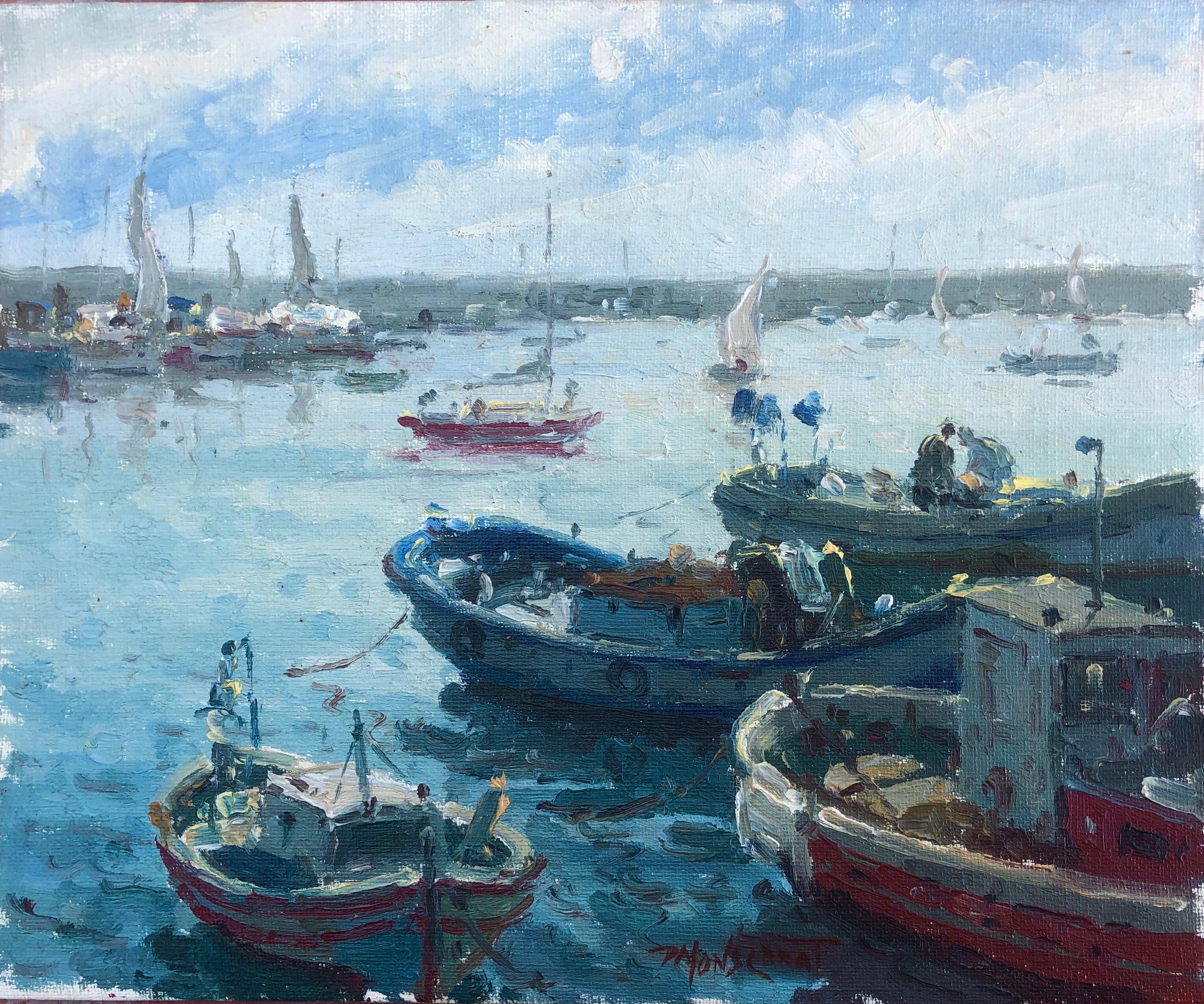 Pere Montserrat Figurative Painting – Spain Port of Arenys de Mar, Ölgemälde mediterrane Meereslandschaft, spanisch