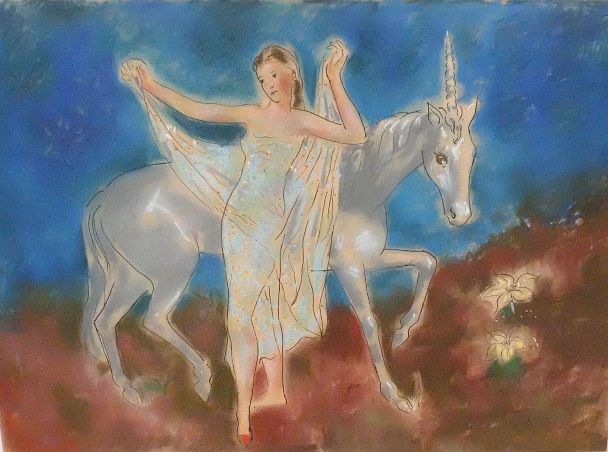 Técnica mixta sobre papel - Dama y unicornio bajo el cielo azul - Año 1965 - Mixed Media Art Simbolismo di  Pere Pruna Ocerans