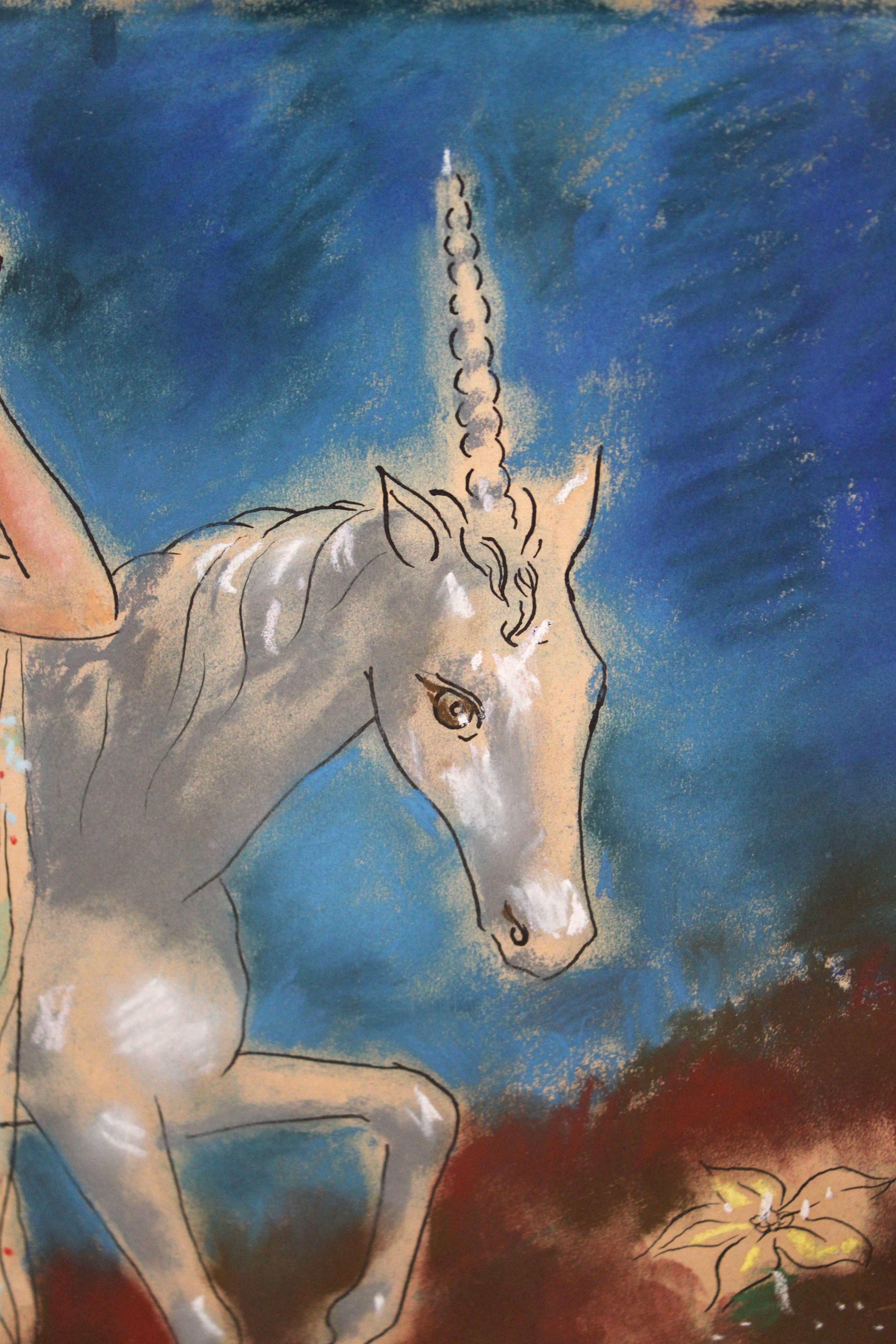 Técnica mixta sobre papel - Dama y unicornio bajo el cielo azul - Año 1965 in vendita 2