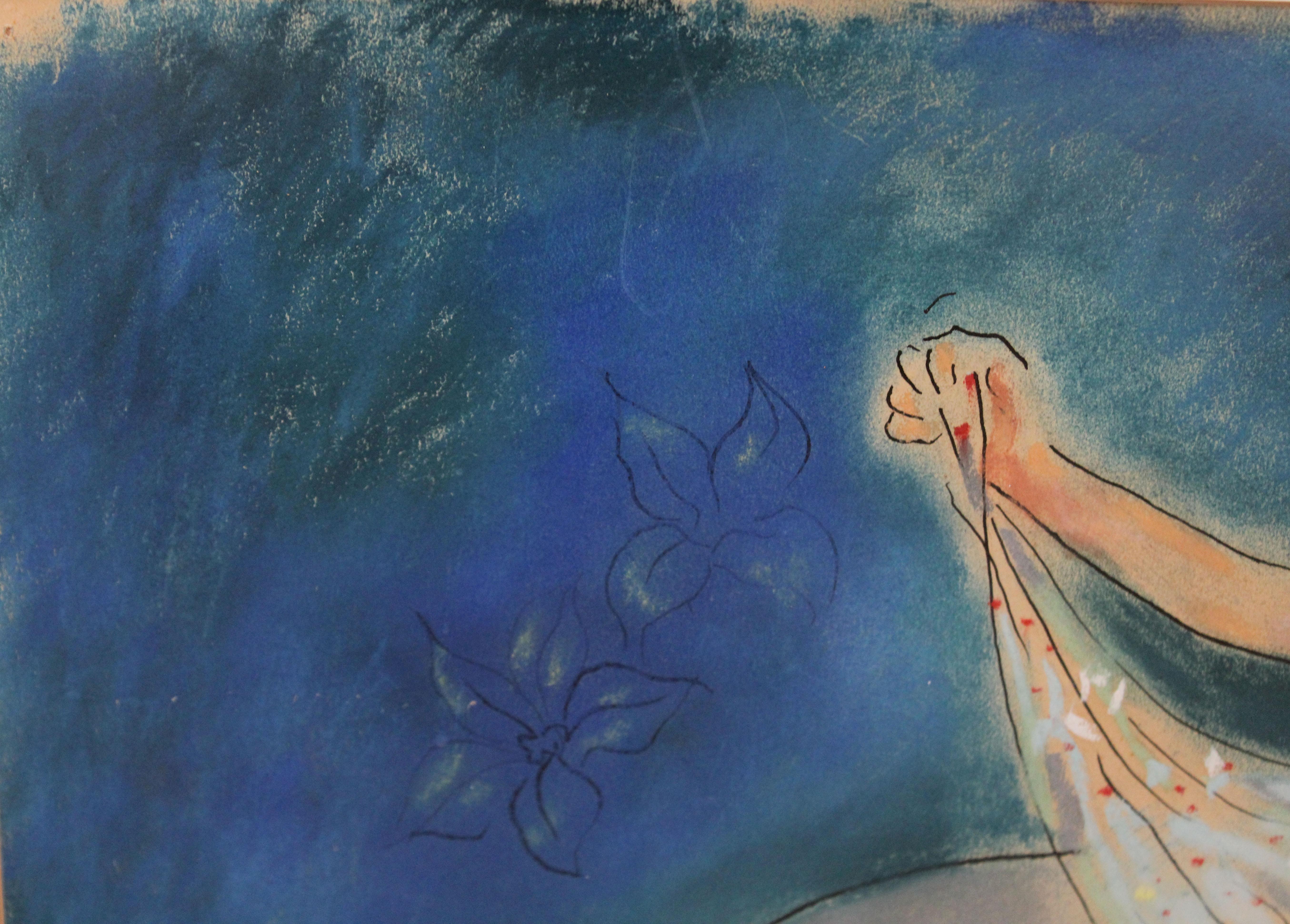 Técnica mixta sobre papel - Dama y unicornio bajo el cielo azul - Año 1965 in vendita 3