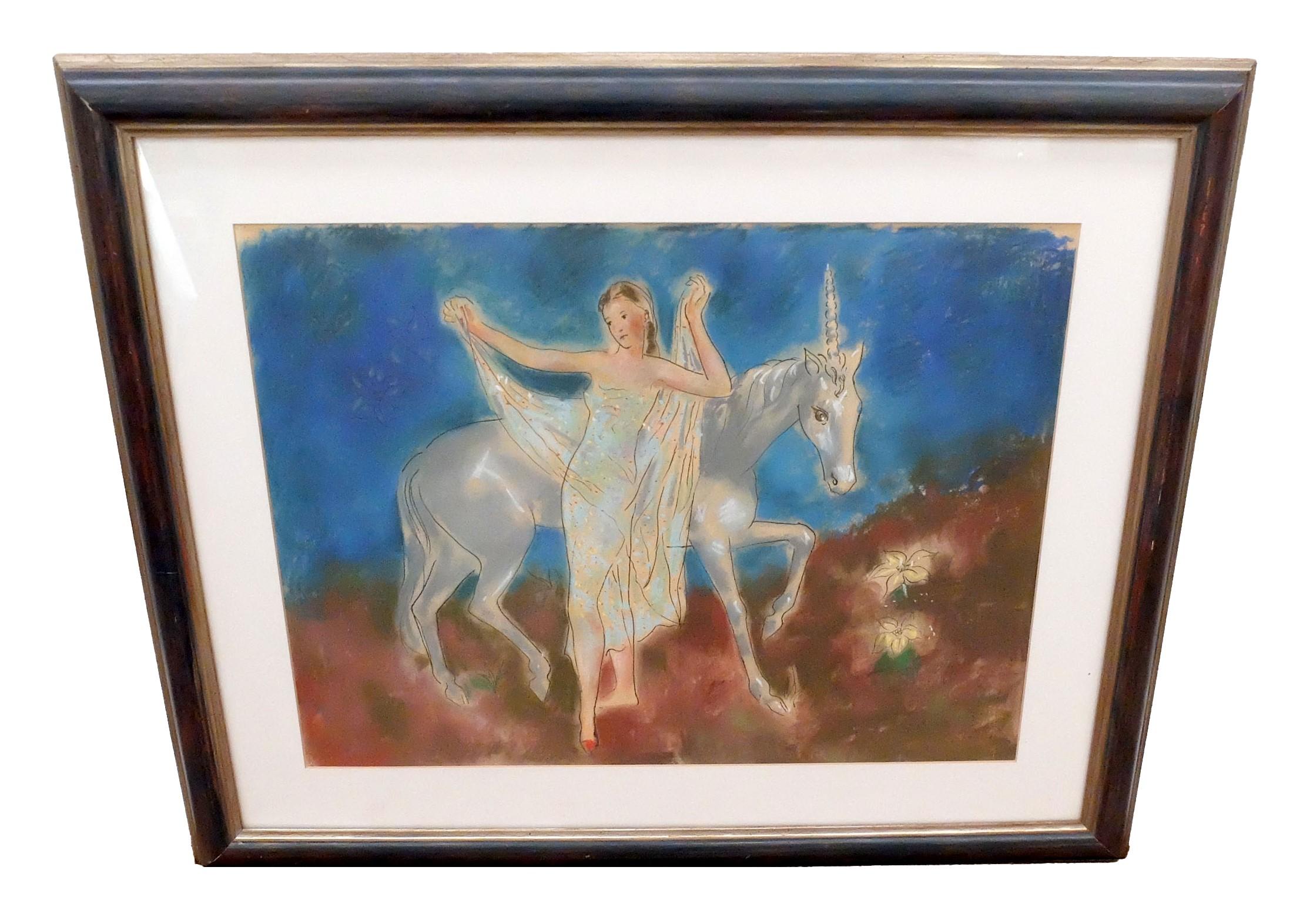 Técnica mixta sobre papel - Dama y unicornio bajo el cielo azul - Año 1965 - Mixed Media Art di  Pere Pruna Ocerans