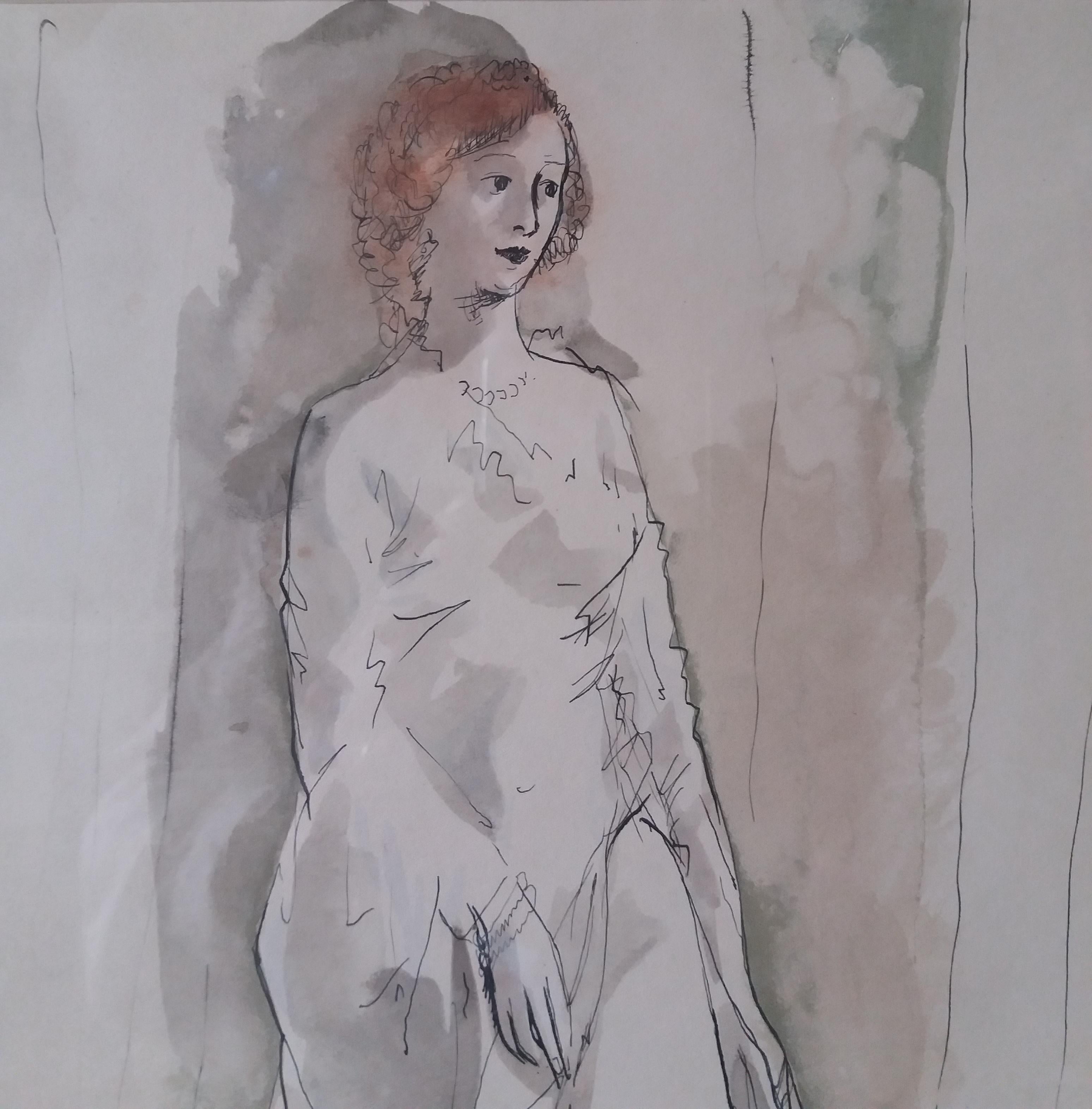 Pruna 26 Donne Schizzo per Bocaccio pittura originale ad acquerello - Figurative Painting Grigio di Pere Pruna y Ocerans