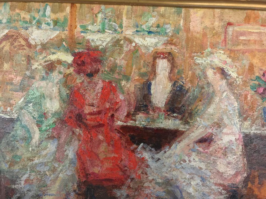 Impressionist painting by Spanish/French listed artist Pere Ysern Alie (1875-1946) of 4 women seated in a bar. The atmosphere in ladylike but festive and all wear hats. Panel measures 11 3/8 inches x 14 3/4 inches. Condition is excellent without