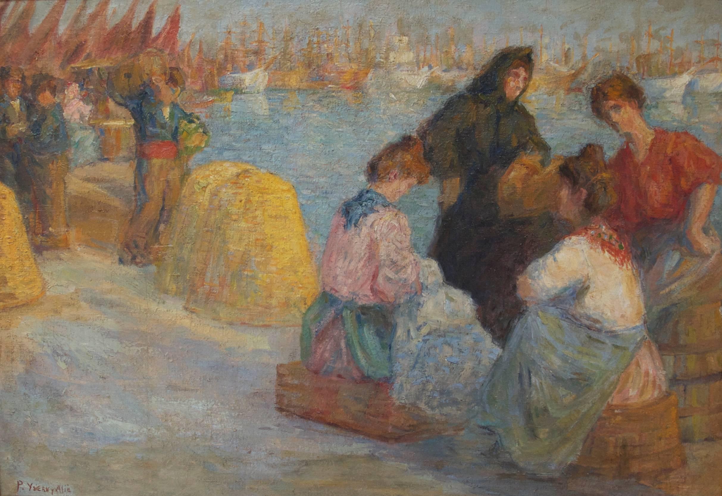 Pere Ysern Y Alie Landscape Painting - Men & Women Working at the Fishing Docks, Spain