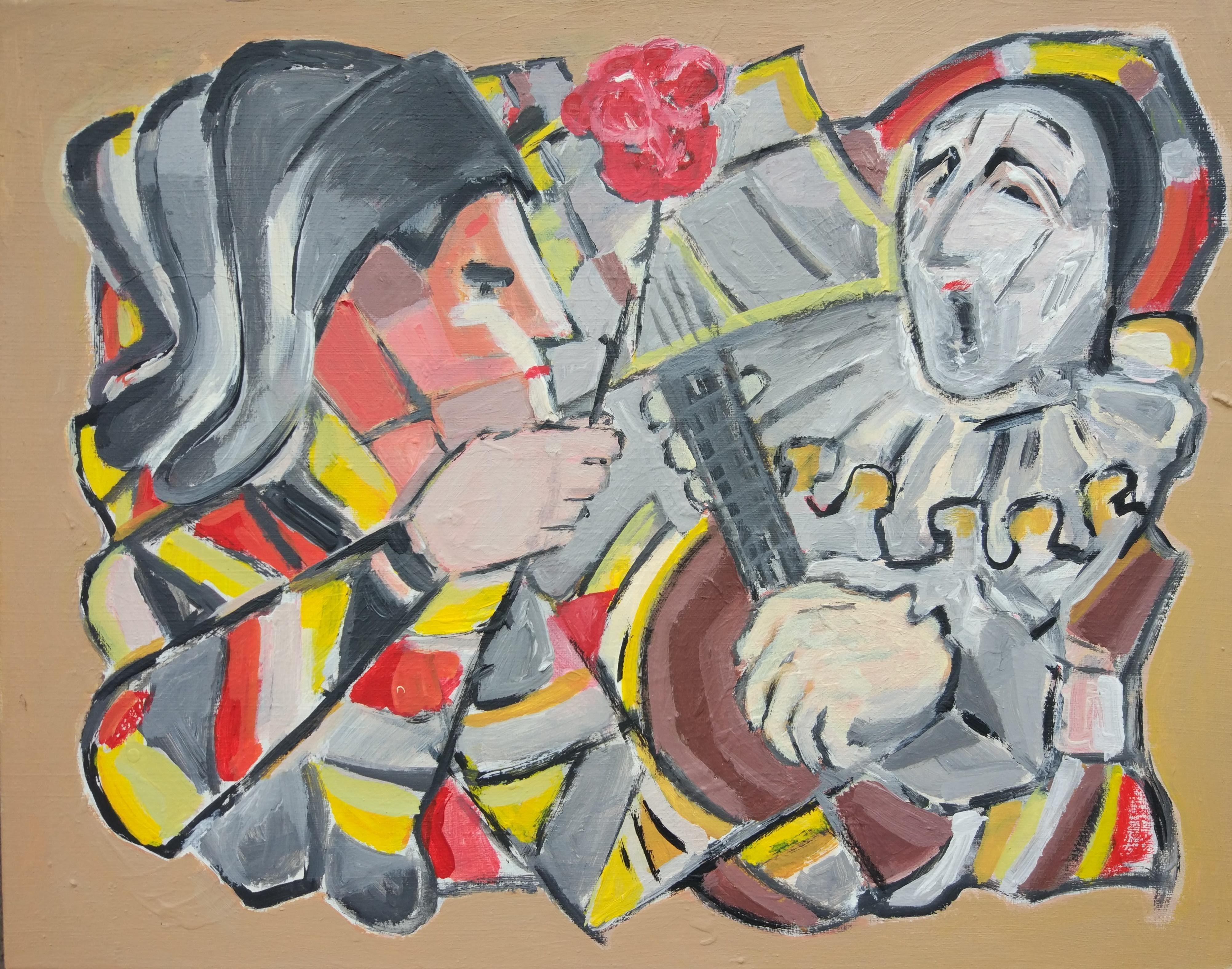 Figurative Painting di Perekucha Ruslan - Arlecchino con rosa e Pierrot cantante