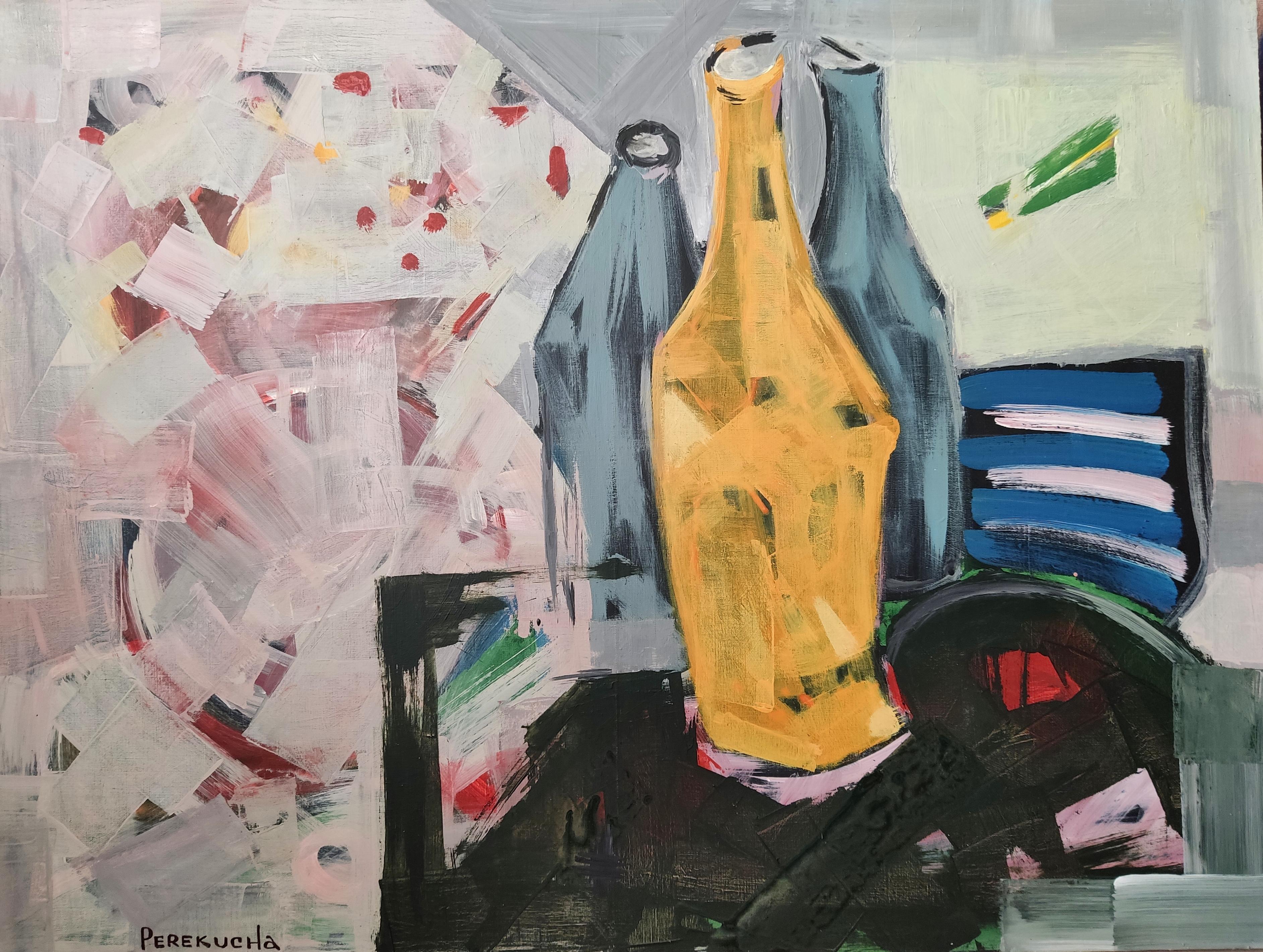 Stillife mit unentwickeltem Bouqet in einer Vase und Steak (Abstrakt), Painting, von Perekucha Ruslan