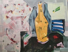 Stillife mit unentwickeltem Bouqet in einer Vase und Steak