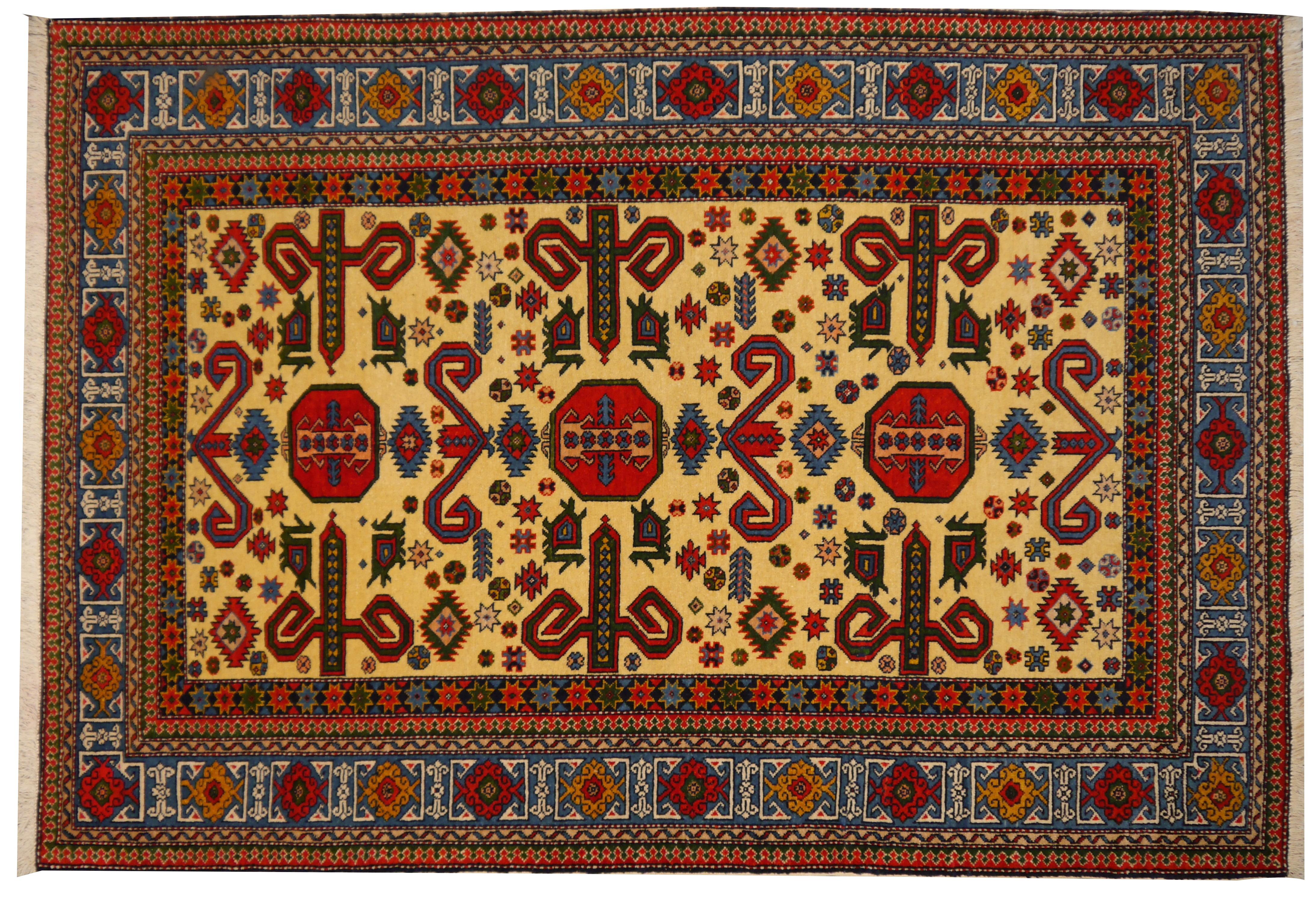 20th Century Perepedil Kazak Rug Hand Knotted in Azerbaijan Vintage Semi Antique Rug For Sale