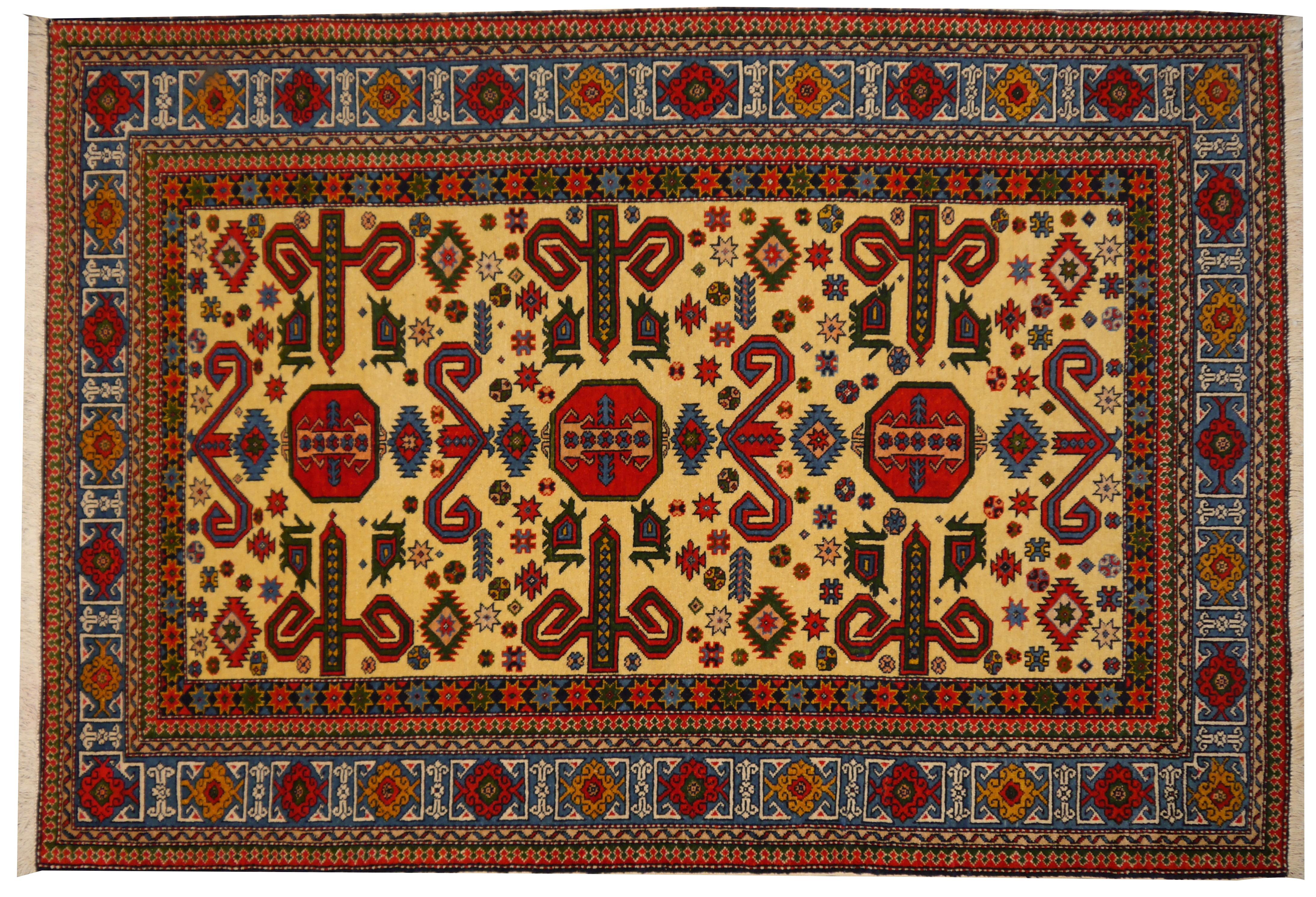 Wool Perepedil Kazak Rug Hand Knotted in Azerbaijan Vintage Semi Antique Rug For Sale