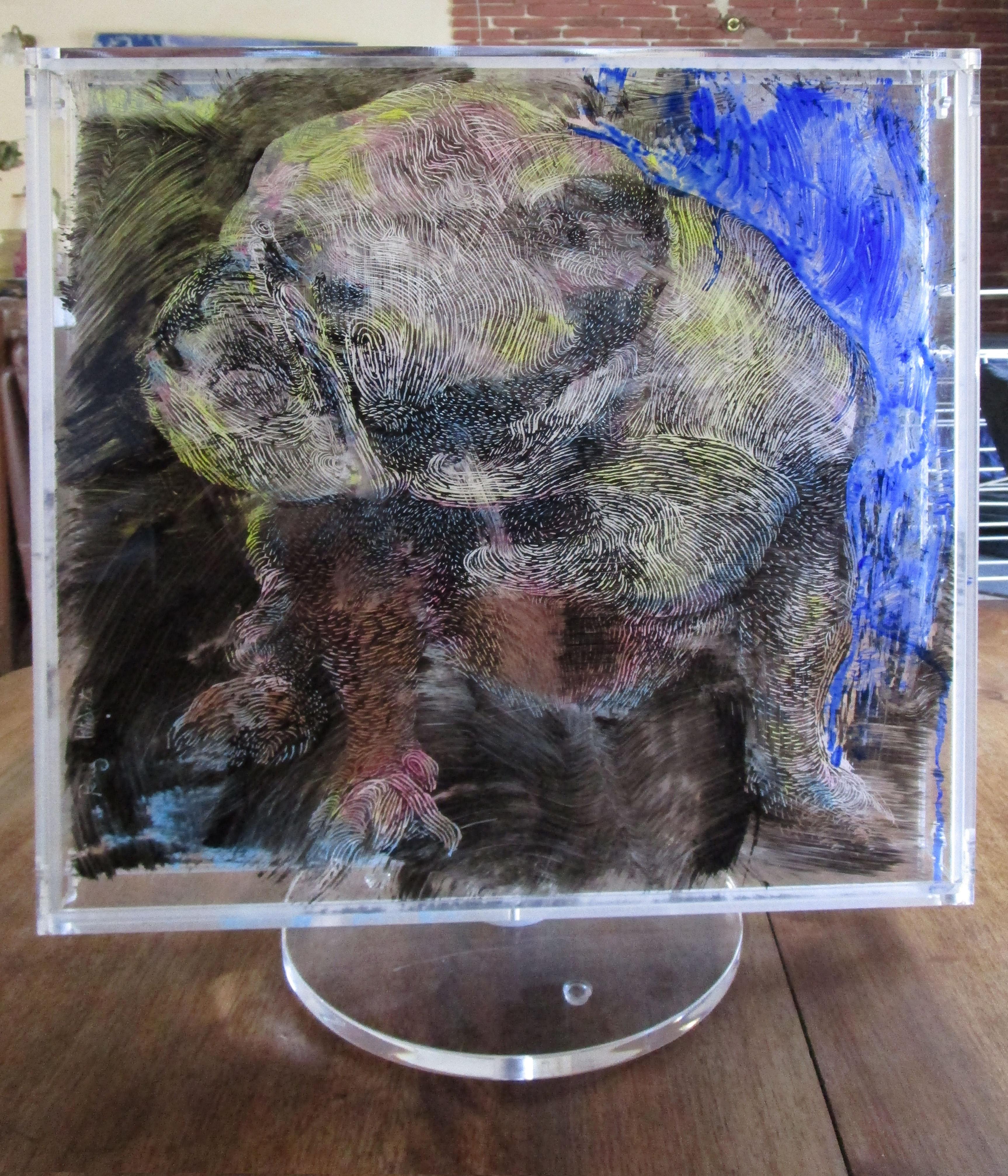 Bulldog Revolving Sculpture 3D Painting on Lucite Your Pet Commission Undertaken - Kinetic Mixed Media Art by Perez Petriarte