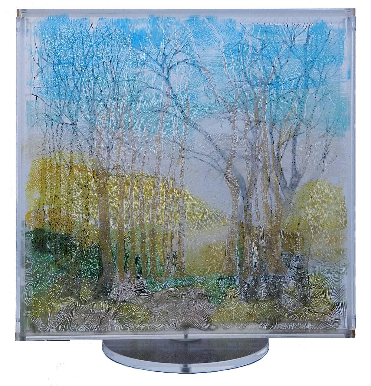 Foret Eternale Kinetic Revolving Sculpture 3D Painting on clear plastic - Gray Still-Life Sculpture by Perez Petriarte