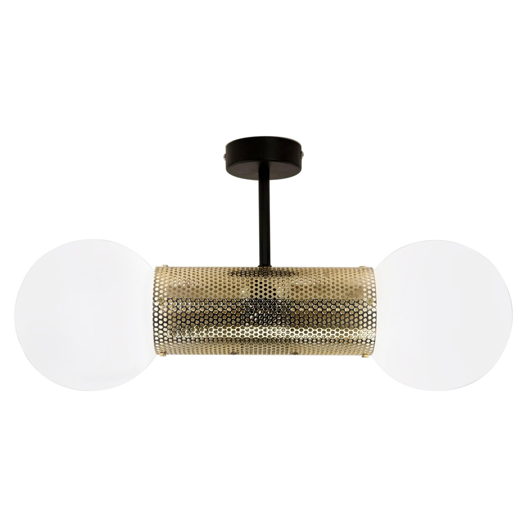 Perf Double Pendant Light, Brass Perforated Tube, Glass Round Orb Shades