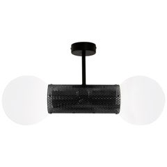 Perf Double Pendant Light, Matte Black Perforated Tube, Glass Round Orb Shades