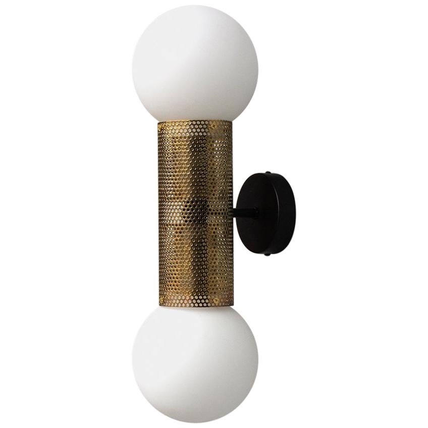 Perf Double Wall Sconce, Brass Perforated Tube, Glass Round Orb Shades For Sale