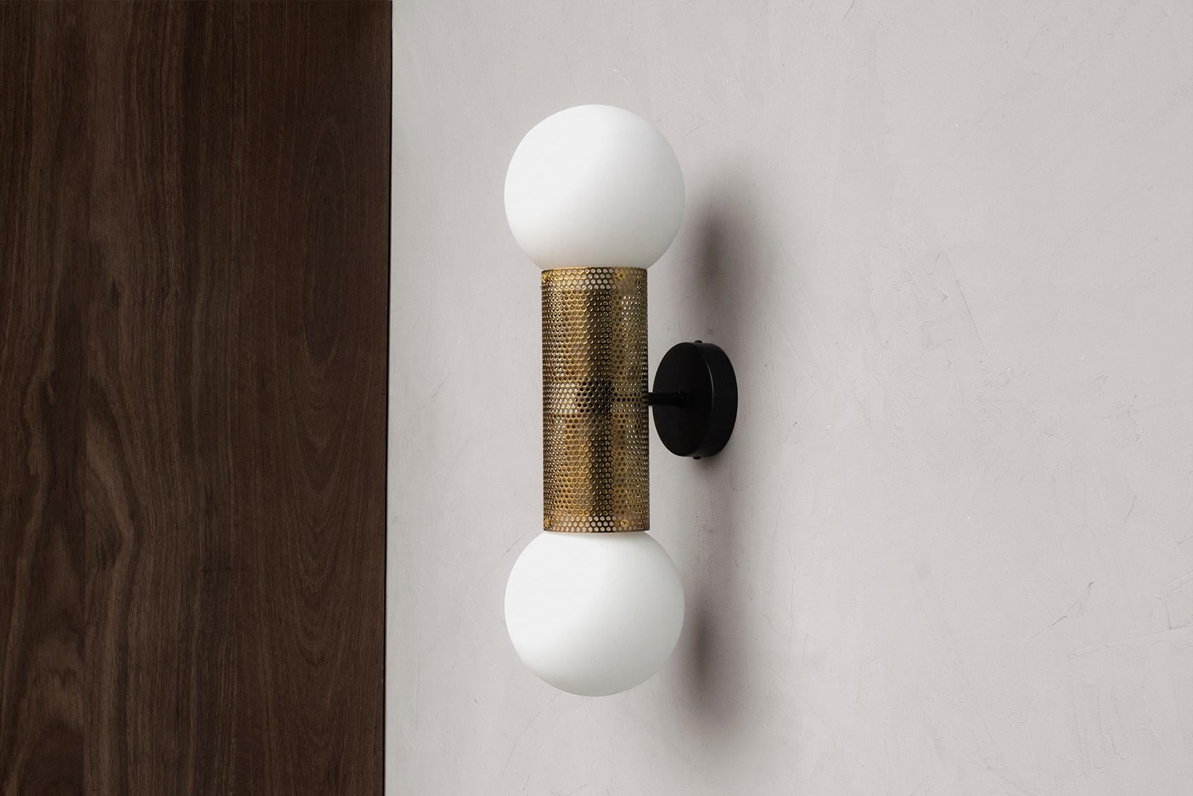 Modern Perf Double Wall Sconce, Matte Black Perforated Tube, Glass Round Orb Shades For Sale