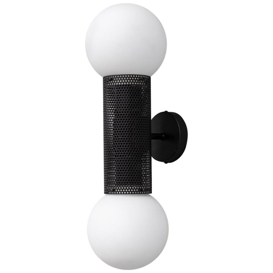 Perf Double Wall Sconce, Matte Black Perforated Tube, Glass Round Orb Shades For Sale