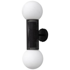 Perf Double Wall Sconce, Matte Black Perforated Tube, Glass Round Orb Shades