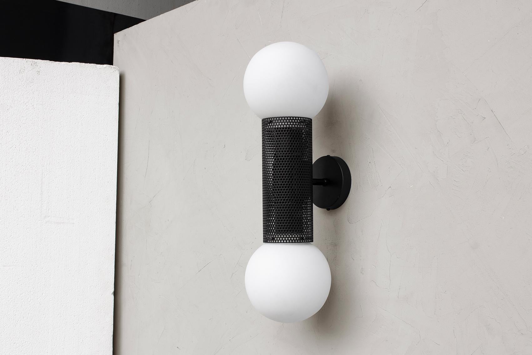 Powder-Coated Perf Double Wall Sconce, Off-White Perforated Tube, Glass Round Orb Shades For Sale