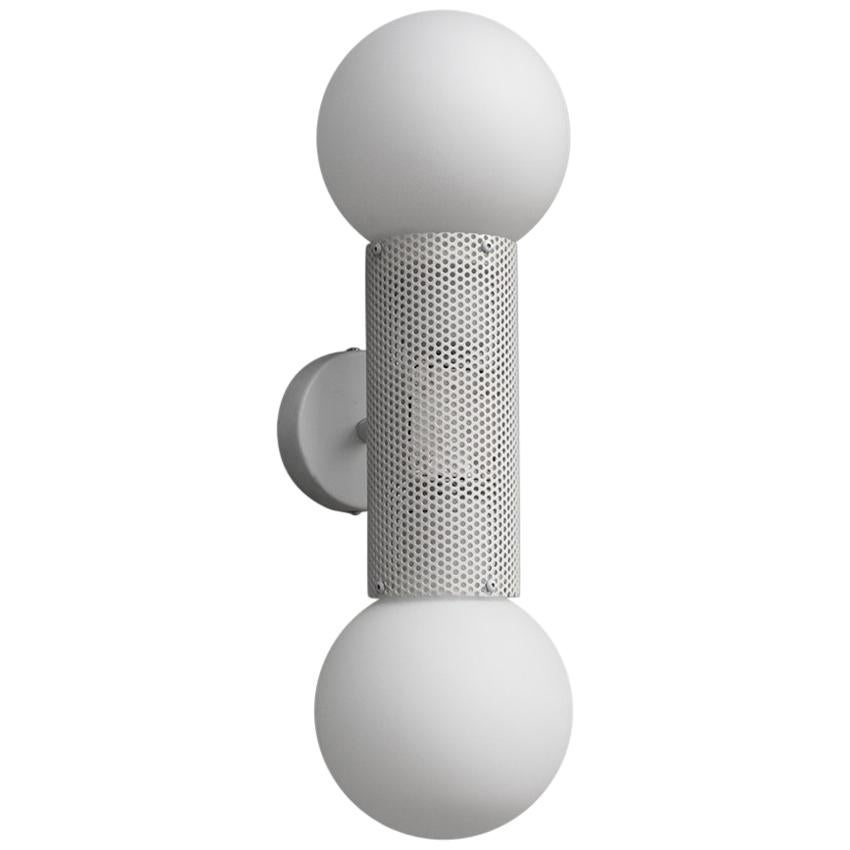 Perf Double Wall Sconce, Off-White Perforated Tube, Glass Round Orb Shades For Sale