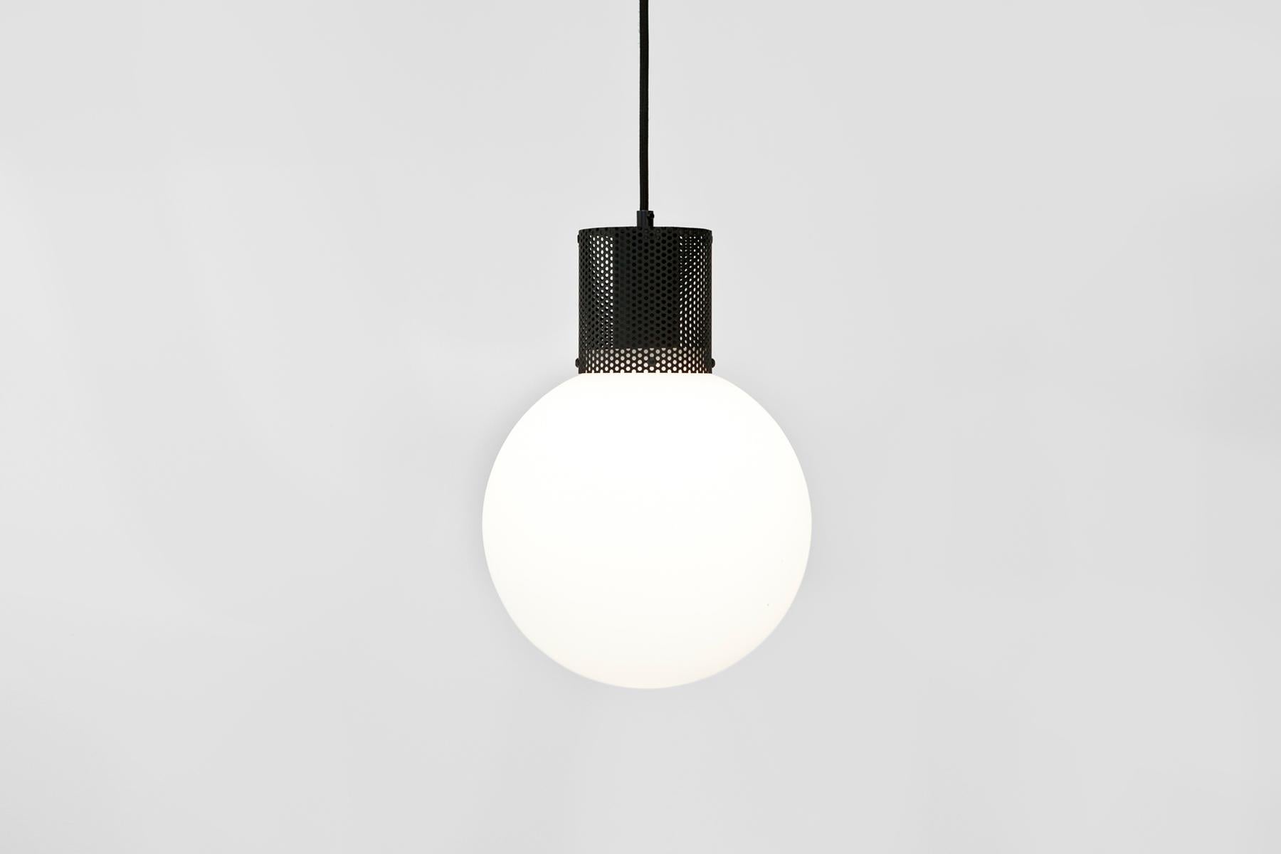 Powder-Coated Perf Pendant Light Large Off-White Perforated Tube, Glass Round Orb Shade For Sale