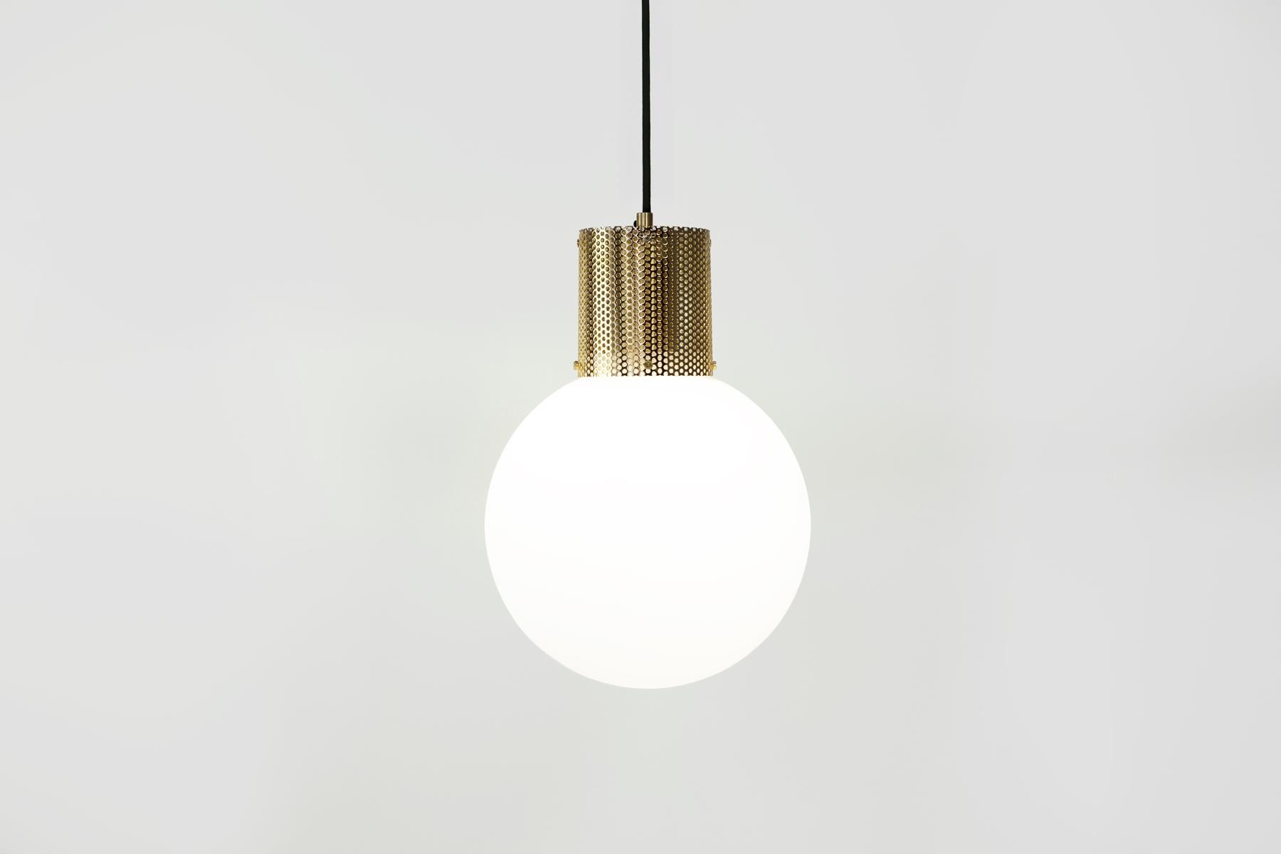 Perf Pendant Light Large Off-White Perforated Tube, Glass Round Orb Shade In New Condition For Sale In Broadmeadows, Victoria