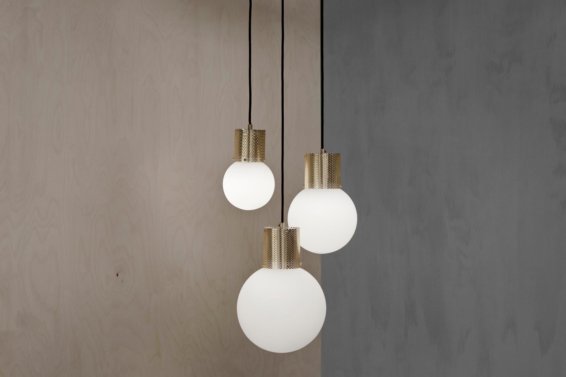 Modern Perf Pendant Light Medium Brass Perforated Tube, Glass Round Orb Shade For Sale