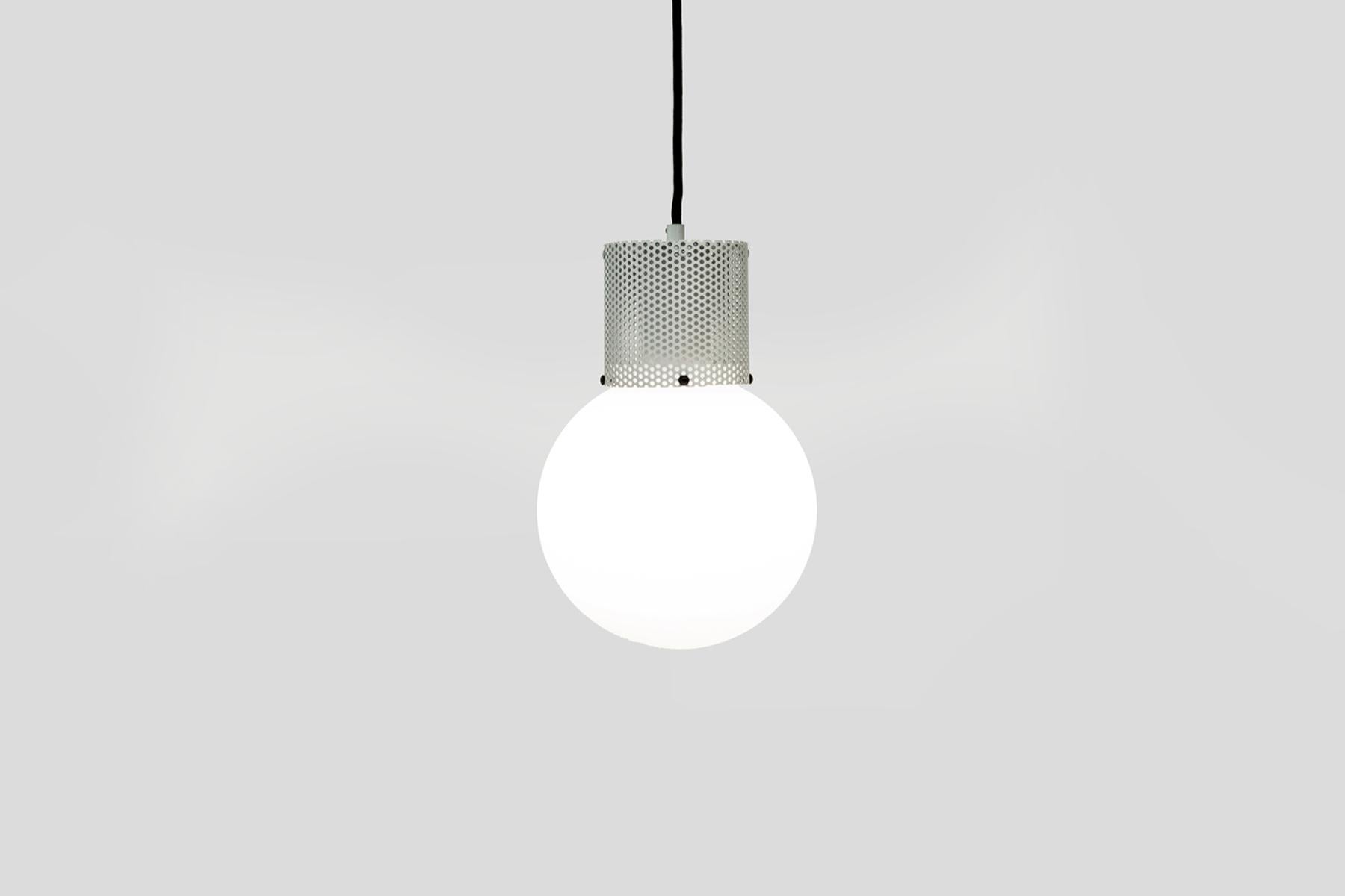 Perf Pendant Light Medium Matte Black Perforated Tube, Glass Round Orb Shade For Sale 2